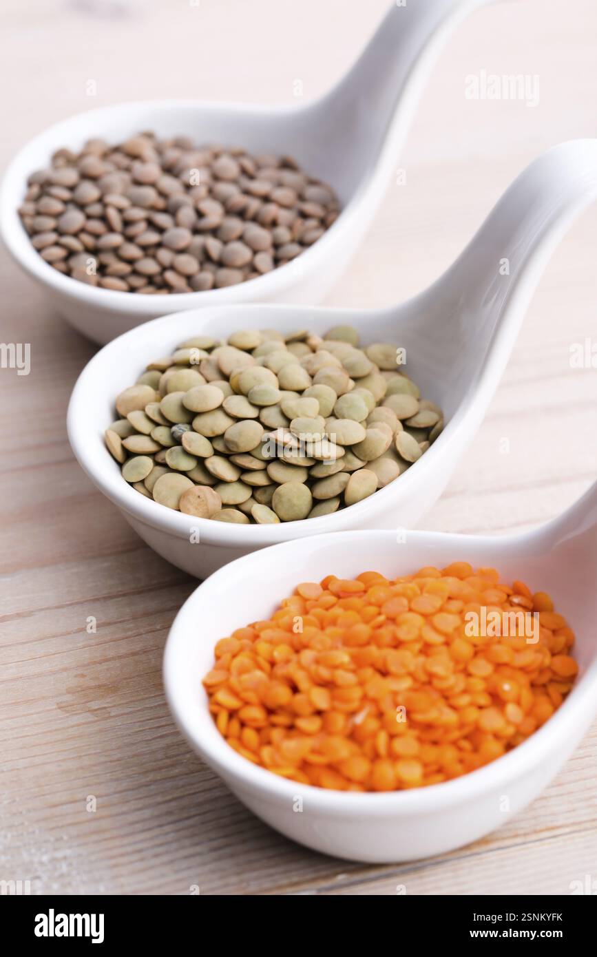 Drei Linsenarten in Schüsseln - rote Linse, grüne Linse und braune Linse, lodz, polen Stockfoto