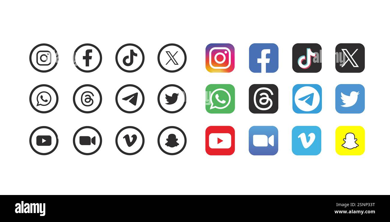 Malang, Indonesien - 18. Januar 2024. Sammlung populärer Social-Media-Logos. Facebook, instagram, X, twitter, linkedin, youtube, tiktok, vimeo, SNAP Stock Vektor