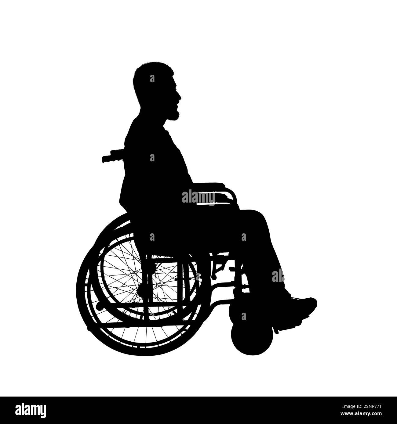 Silhouette eines Mannes im Rollstuhl auf weißem Hintergrund Stockfoto
