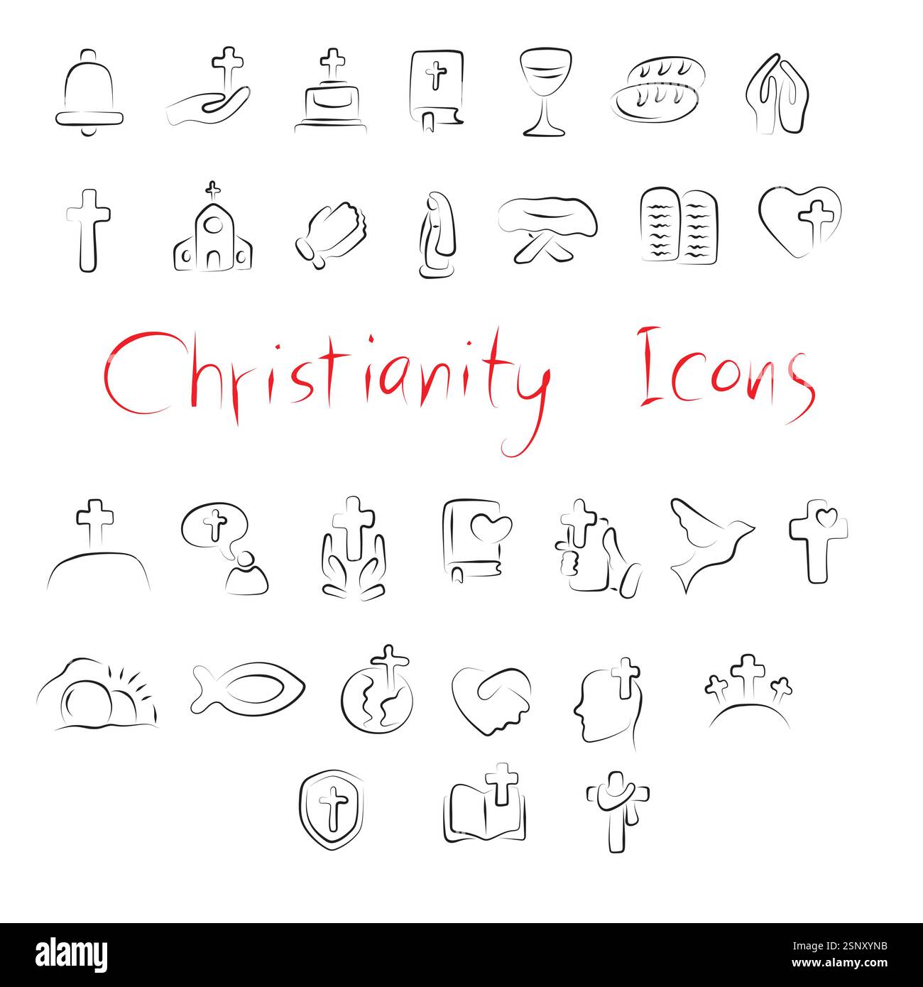 Christliche Religion Linie Symbol Satz Illustration Vektor Hand gezeichnet mit schwarzen Linien isoliert auf weißem Hintergrund Stock Vektor