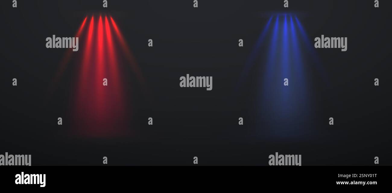 Realistische rote und blaue Neonstrahler auf dunklem Hintergrund für Bühne, Events, Partydesign oder Posterdekoration. Vektorabbildung Stock Vektor