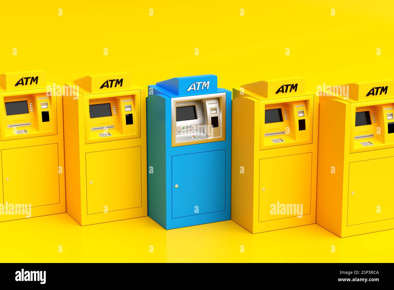 Blue atm hebt sich von der Masse der gelben geldautomaten auf gelbem Hintergrund ab und repräsentiert das Konzept einzigartiger Bankdienstleistungen. 3D-Rendering Stockfoto