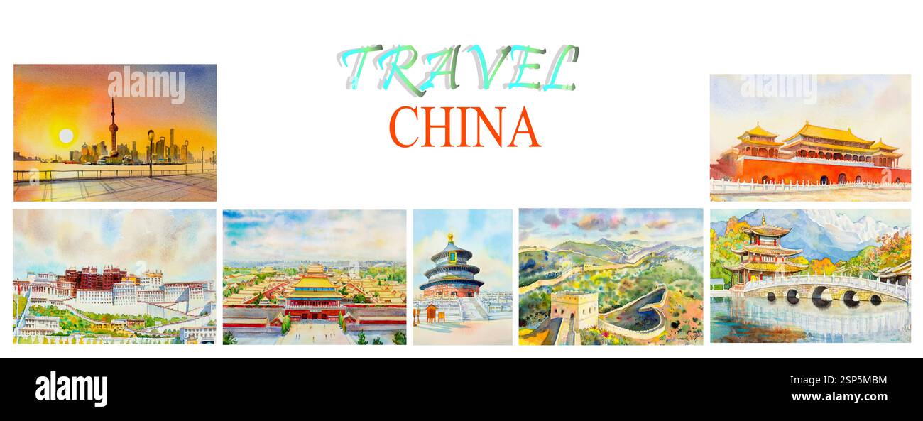 Reisen Sie um die Welt und Sehenswürdigkeiten. Berühmte Wahrzeichen in China gruppiert. Aquarell handgezeichnete Malerei Illustration, Wahrzeichen Asiens Stockfoto