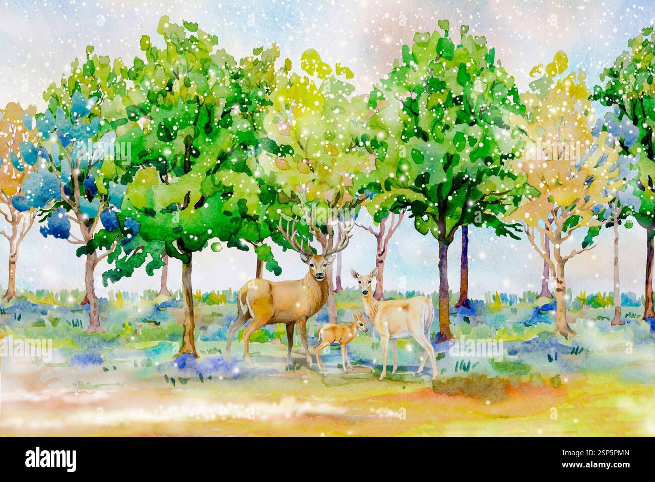 Gemälde Schnee fällt im Wald Winter - Aquarelllandschaft von Tieren, Hirschfamilien Konzept mit Weihnachten. Handgemalte Illustration auf Papier, blau t Stockfoto