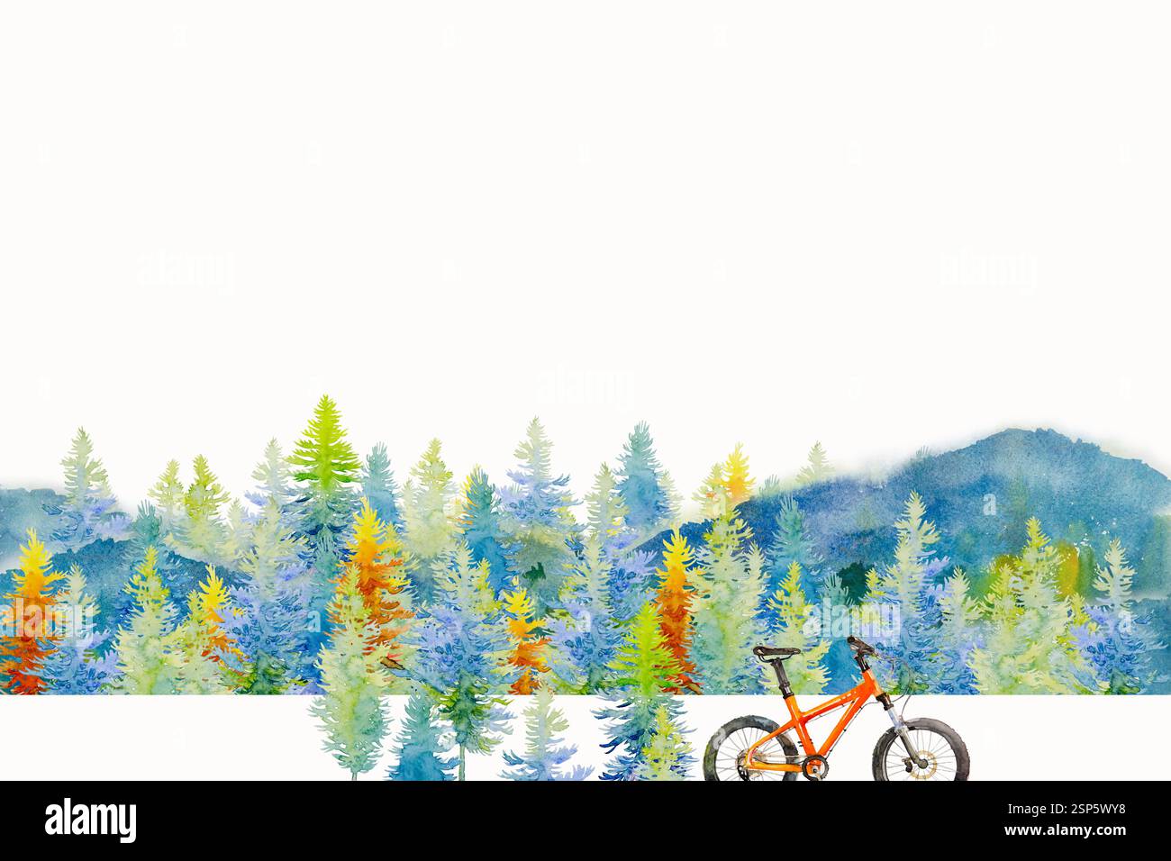 Aquarellmalerei des Waldhintergrundes. Blaugrün mit gelben, Winter- oder Frühlingswäldern, Naturlandschaft mit immergrünen Nadelbäumen. Trave Stockfoto