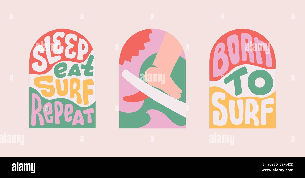 Lustige Zitate zum Surfen. Grooviges, helles Banner mit Text Born to Surf, Sleep Eat Surf Repeat für Textilien, Aufkleber, Merch. Stock Vektor