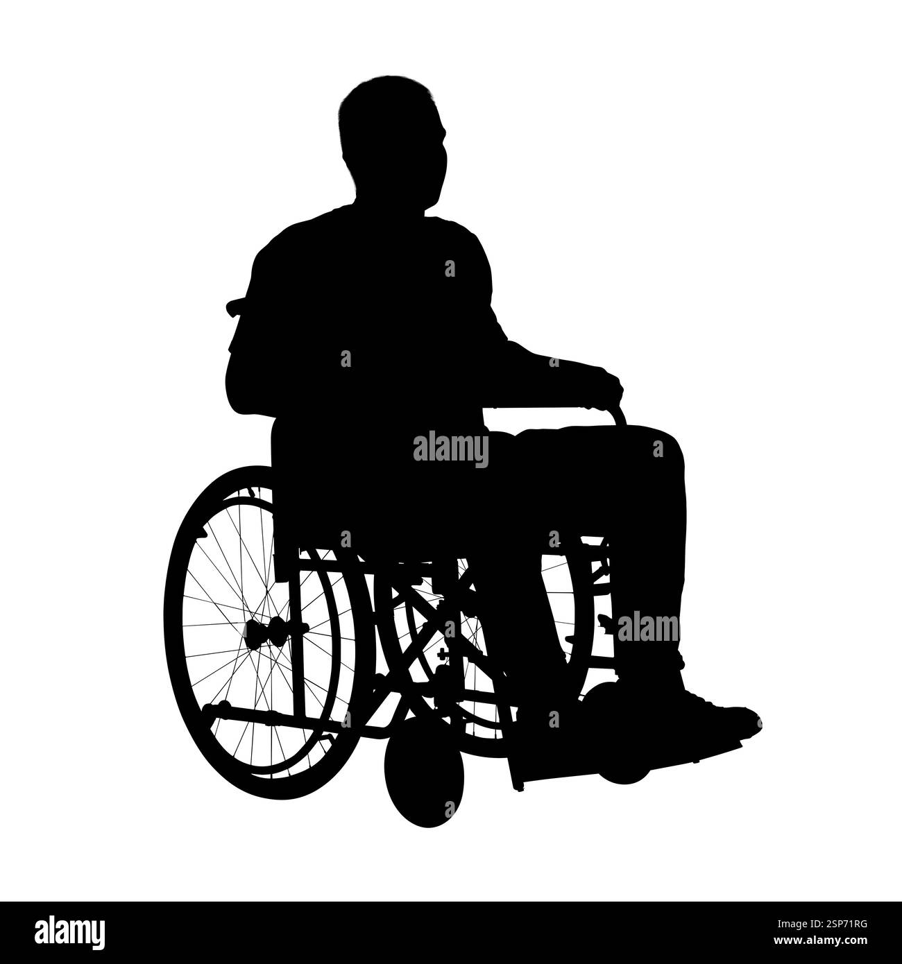 Silhouette eines Mannes im Rollstuhl auf weißem Hintergrund Stockfoto