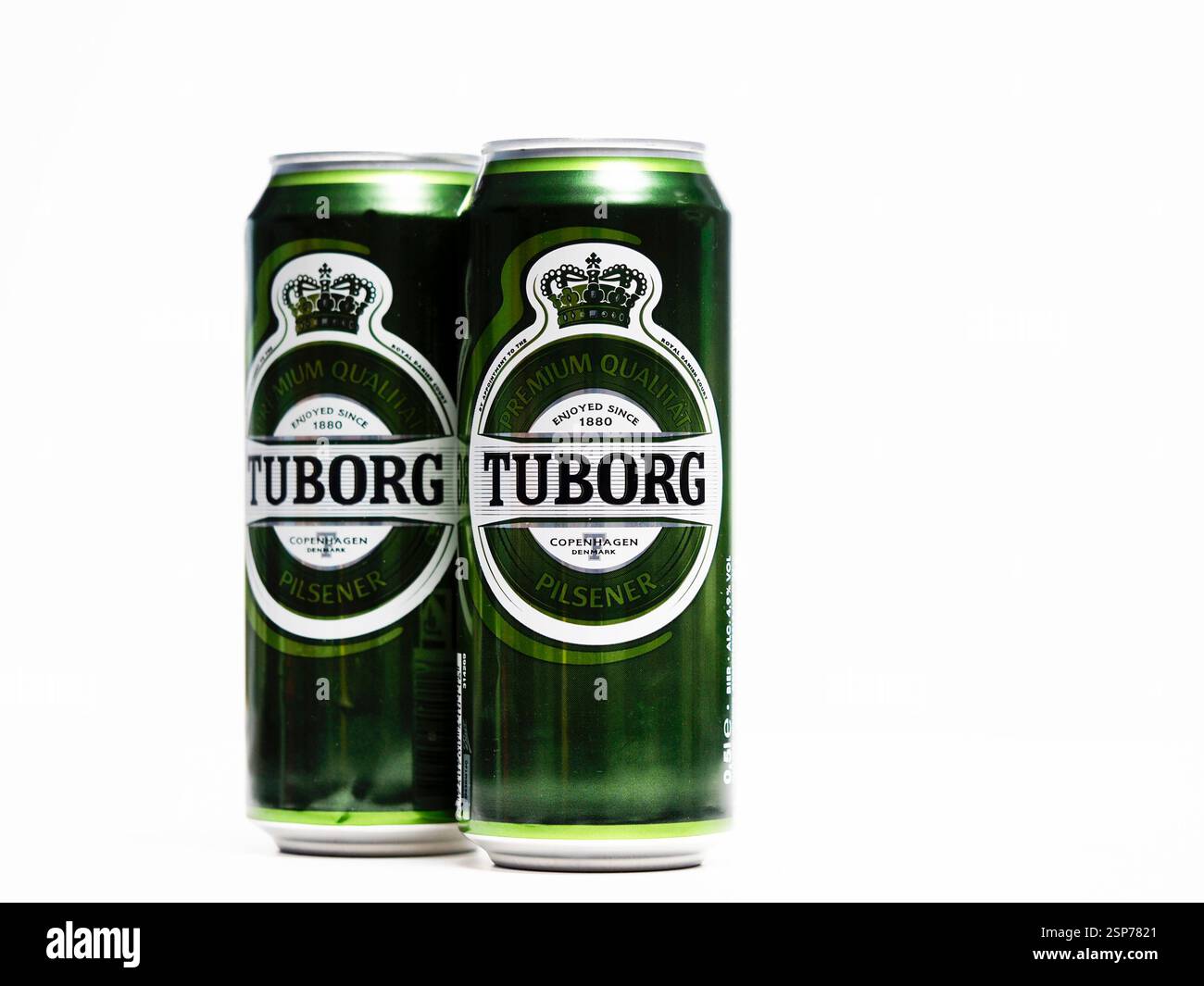 Deutschland - 14. Februar 2025: In dieser Fotoabbildung werden Dosen Tuborg-Bier ausgestellt. Stockfoto
