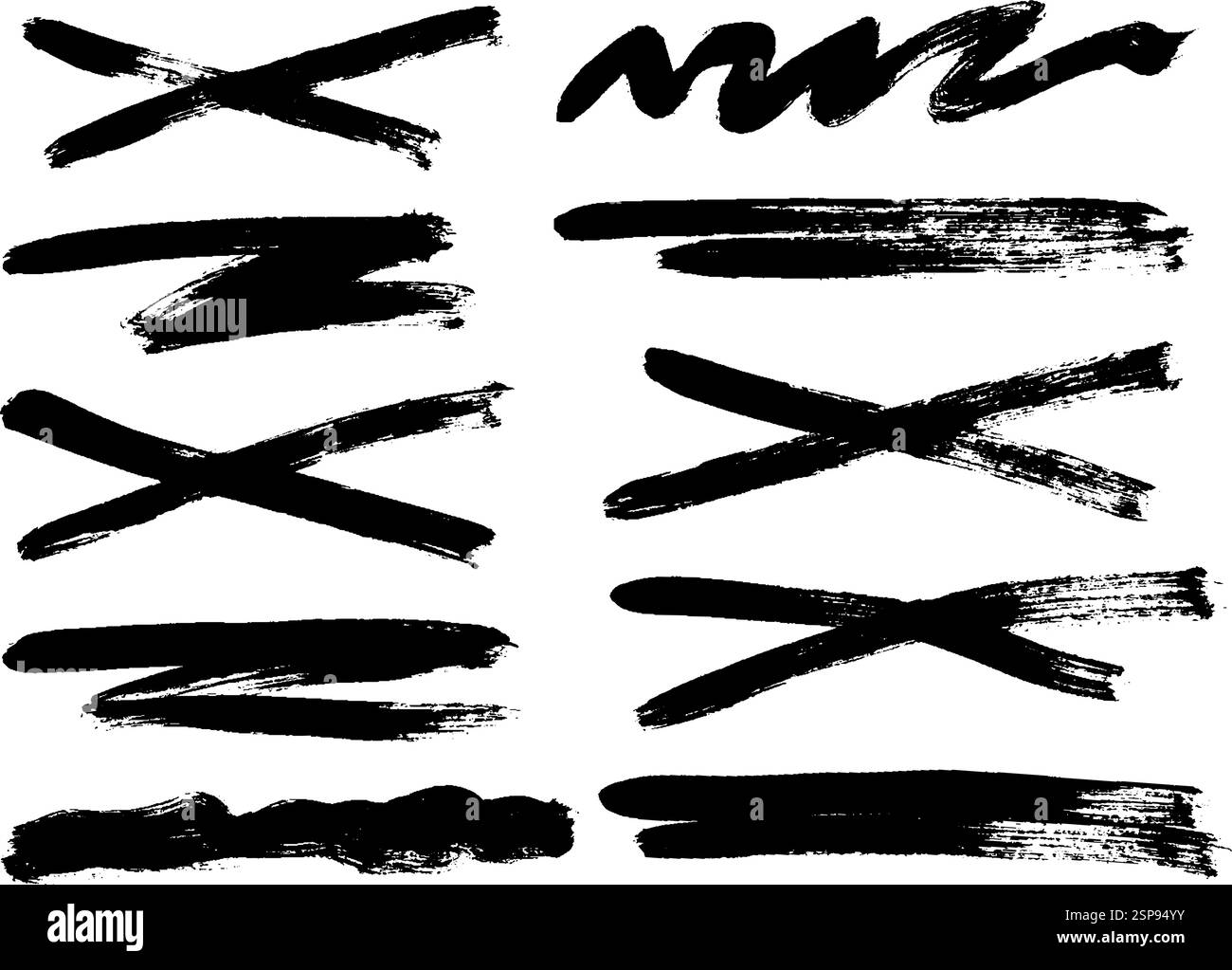 Pinsel mit Schleiftinte streichelt Elemente. Schwarzer Pinsel, Strich, Linie, Grunge. Schmutzige Texturen von Bannern, Boxen, Rahmen und Designelementen. Schwarzes Grunge Stock Vektor