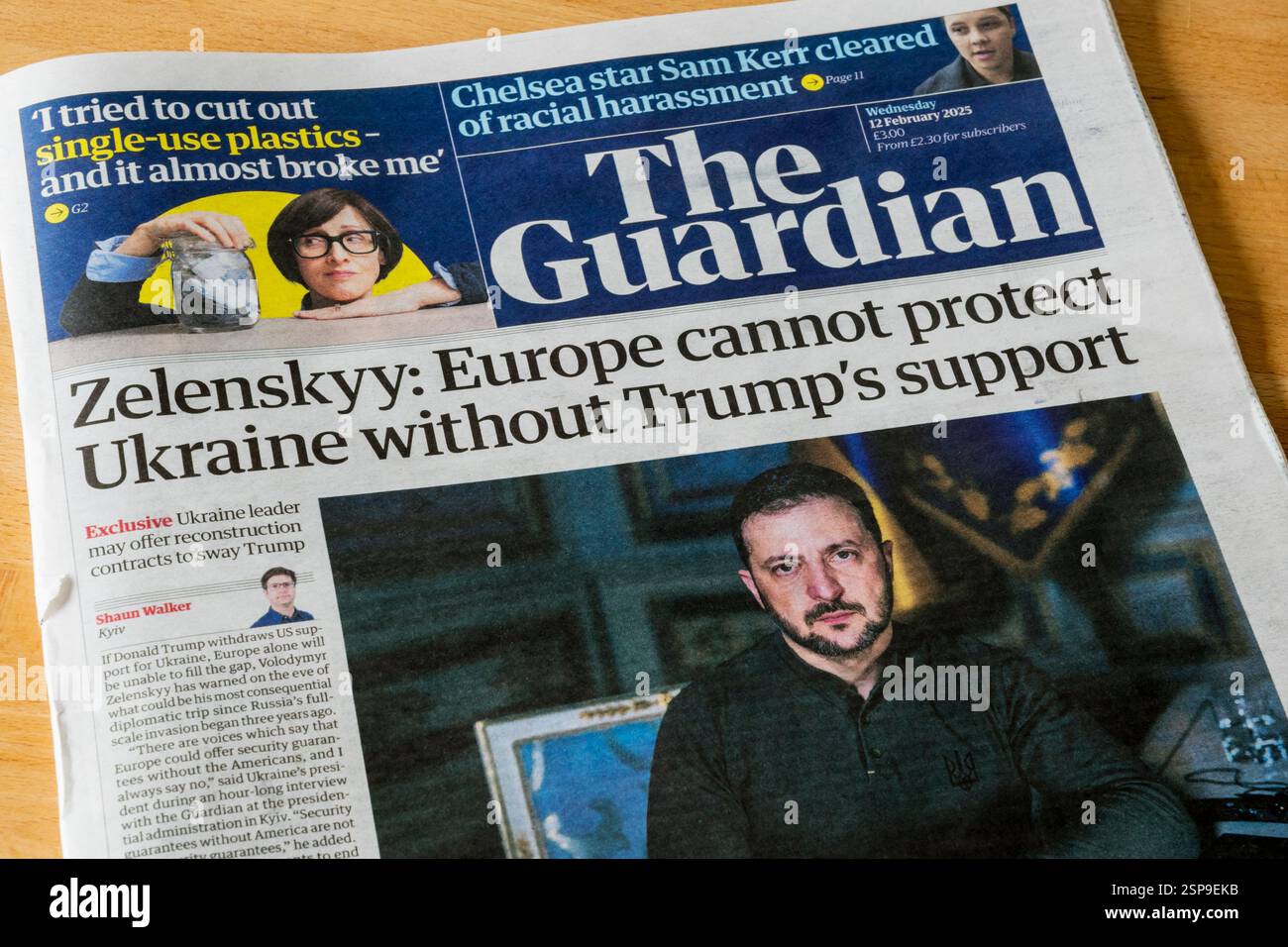 12. Februar 2025. Die Schlagzeile in Guardian lautet Zelenskyy: Europa kann die Ukraine nicht ohne Trumps Unterstützung schützen. Stockfoto