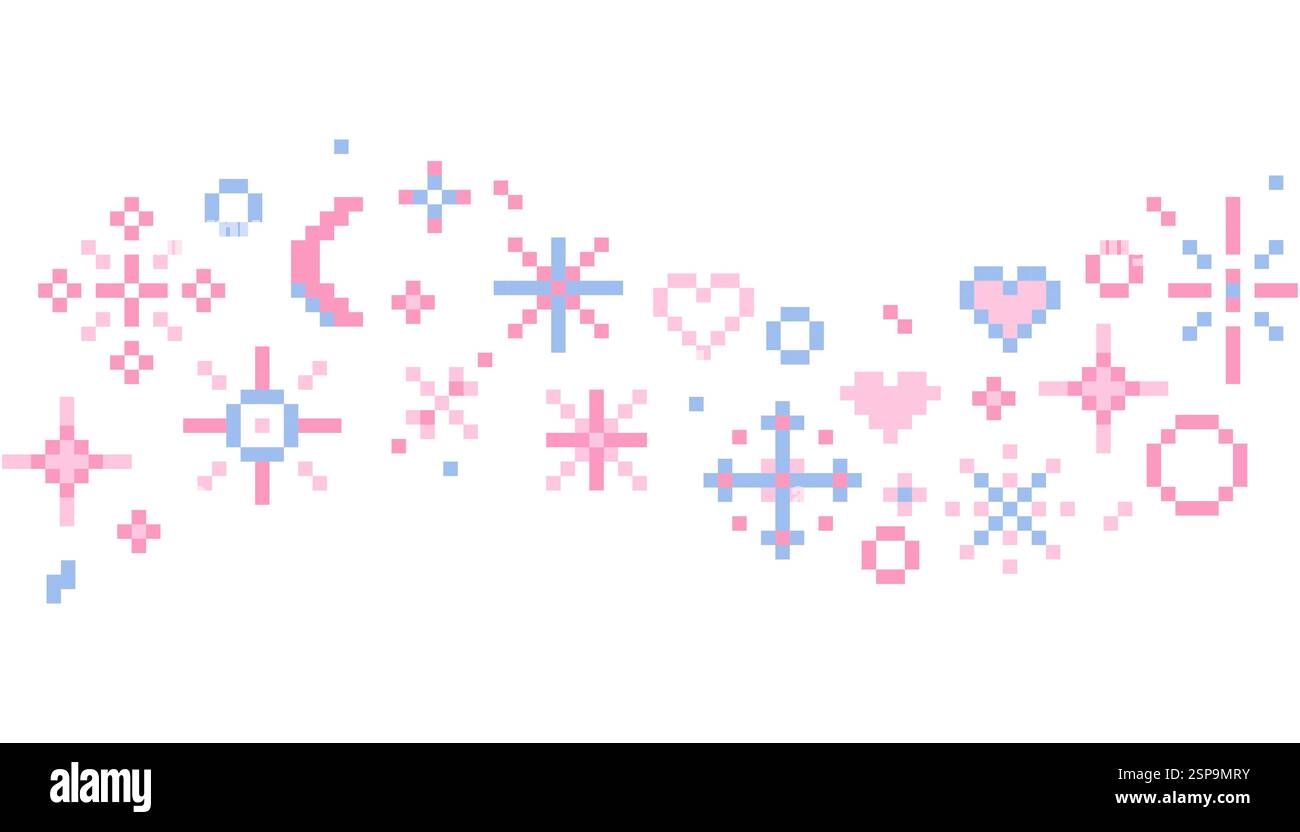 Pixelstern funkeln niedlicher Retro 8 Bit Funkle Wave nahtloser Rand. Glänzende pinkfarbene Dekoration mit Pixel-Kunsteffekt. Feuerwerk geplatzt, Pfeil, Raumdekoration. Ästhetik der 90er Jahre, y2k. Vektorabbildung Stock Vektor