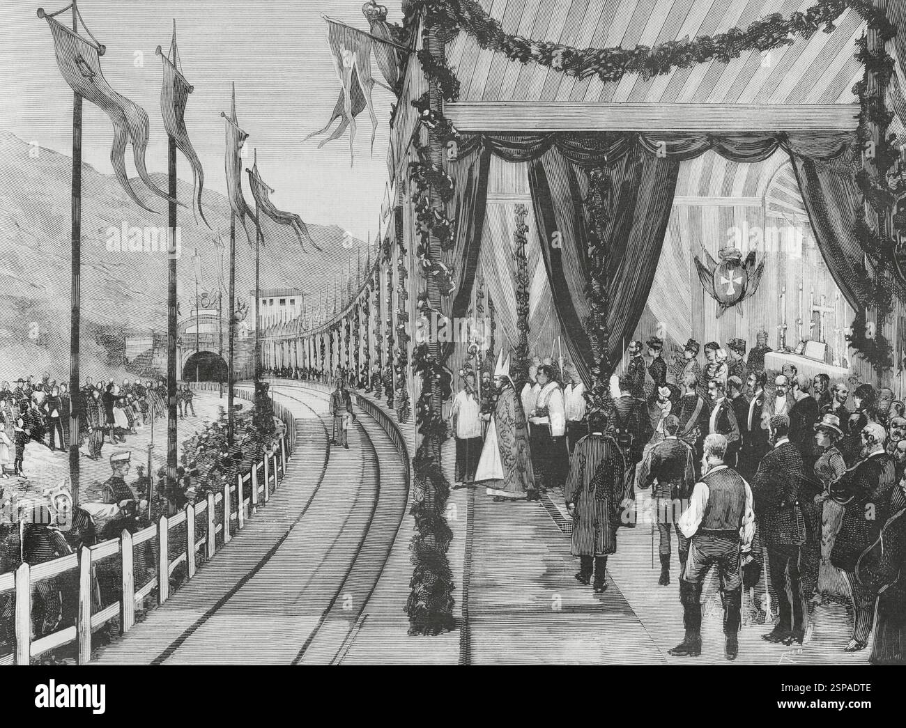 Geschichte Spaniens. Eisenbahnstrecke León-Gijón oder Bahnstrecke Asturien. Sie verband Asturien mit der Meseta Central (Inneres Plateau). Der Abschnitt, der die Strecke fertigstellte, die Rampa de Pajares (Rampa de Pajares), wurde am 15. August 1884 von König Alfonso XII. Im Dorf Busdongo (Provinz Leon) an der südlichen Mündung des La Perruca-Tunnels eingeweiht. Der Bischof von Oviedo segnet die Eisenbahn. Zeichnung aus dem Leben von Juan Comba. Gravur von Rico. Die spanische und amerikanische Illustration (La Ilustración Española y Americana), 1884. Stockfoto