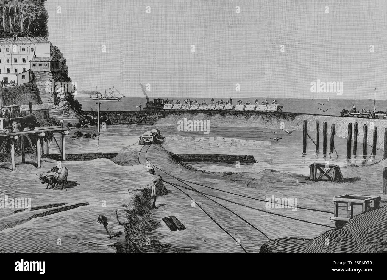 Geschichte Spaniens. San Sebastián (Donostia), Baskenland. Ensanche Oriental (östliche Expansion) der Stadt. Blick auf die Arbeiten von der Santa Catalina Brücke. Zeichnung aus dem Leben von Juan Comba. Stich von Vela. Die spanische und amerikanische Illustration (La Ilustración Española y Americana), 1884. Stockfoto