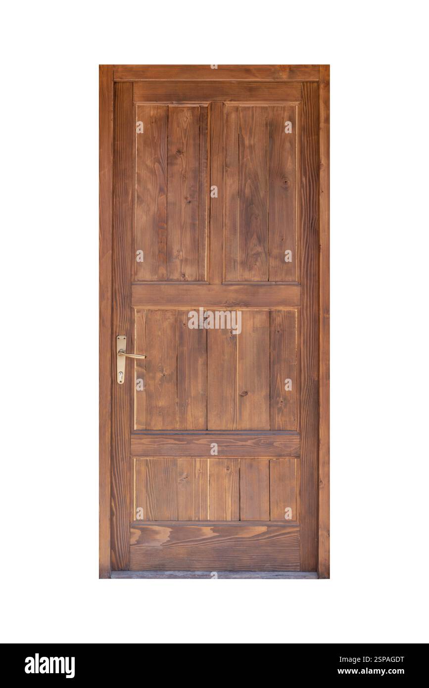 Rustikale hölzerne Innentür mit einem einfachen, aber warmen Design, leicht veraltet, geeignet für eine Holzkabine oder ein Landhaus Stockfoto