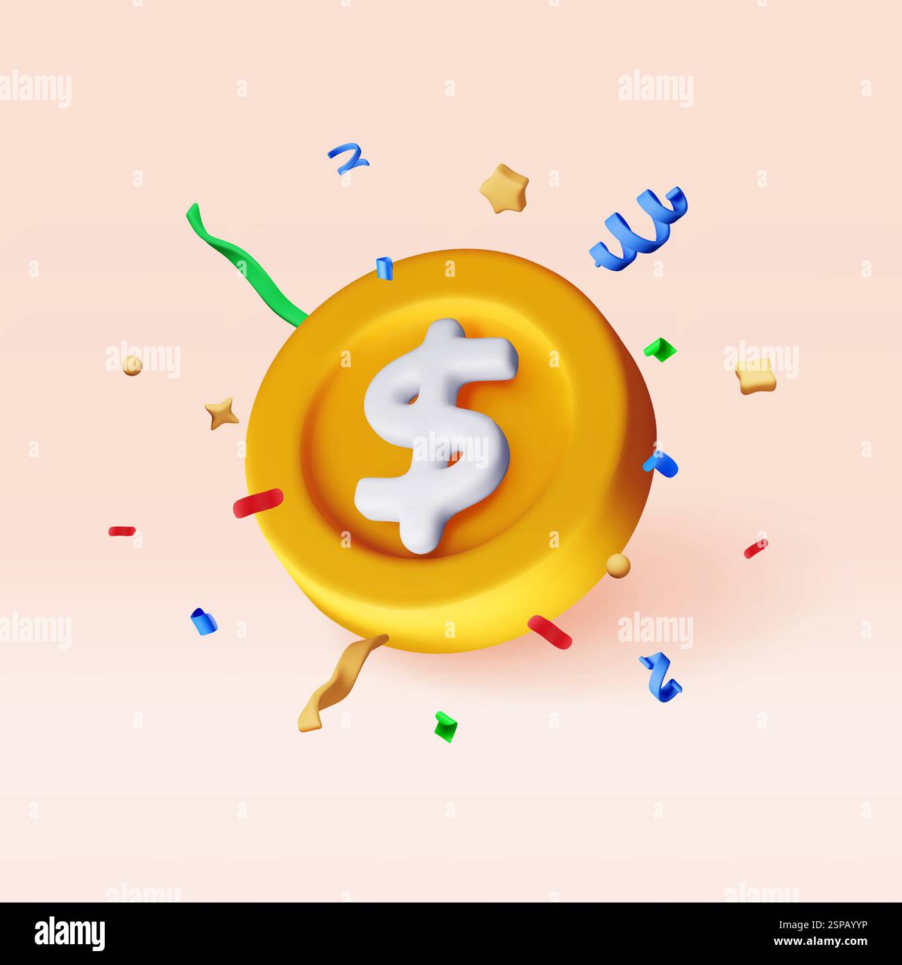 3D-Goldmünze mit Dollarzeichen-Symbol in Konfetti Stock Vektor