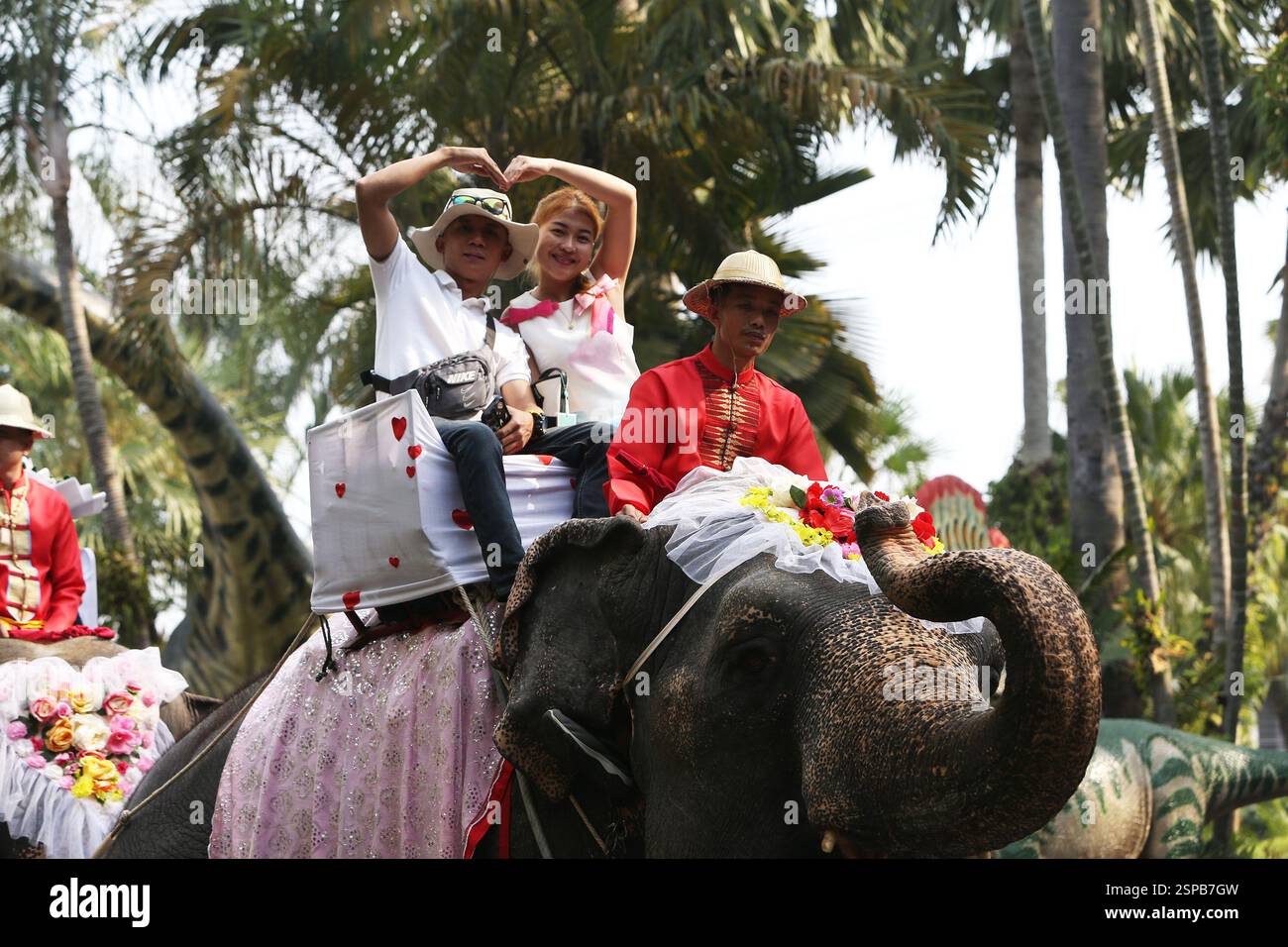 Pattaya, Thailand. Februar 2025. Ein Paar reitet auf einem Elefanten während einer Massen-Hochzeitszeremonie im Nong Nooch Tropical Garden in Pattaya, Thailand, 14. Februar 2025. Neun Paare schlossen sich den Knoten, während sie am Freitag hier auf Elefanten reiten, bei einer Valentinstag-Hochzeitszeremonie. Quelle: Rachen Sageamsak/Xinhua/Alamy Live News Stockfoto
