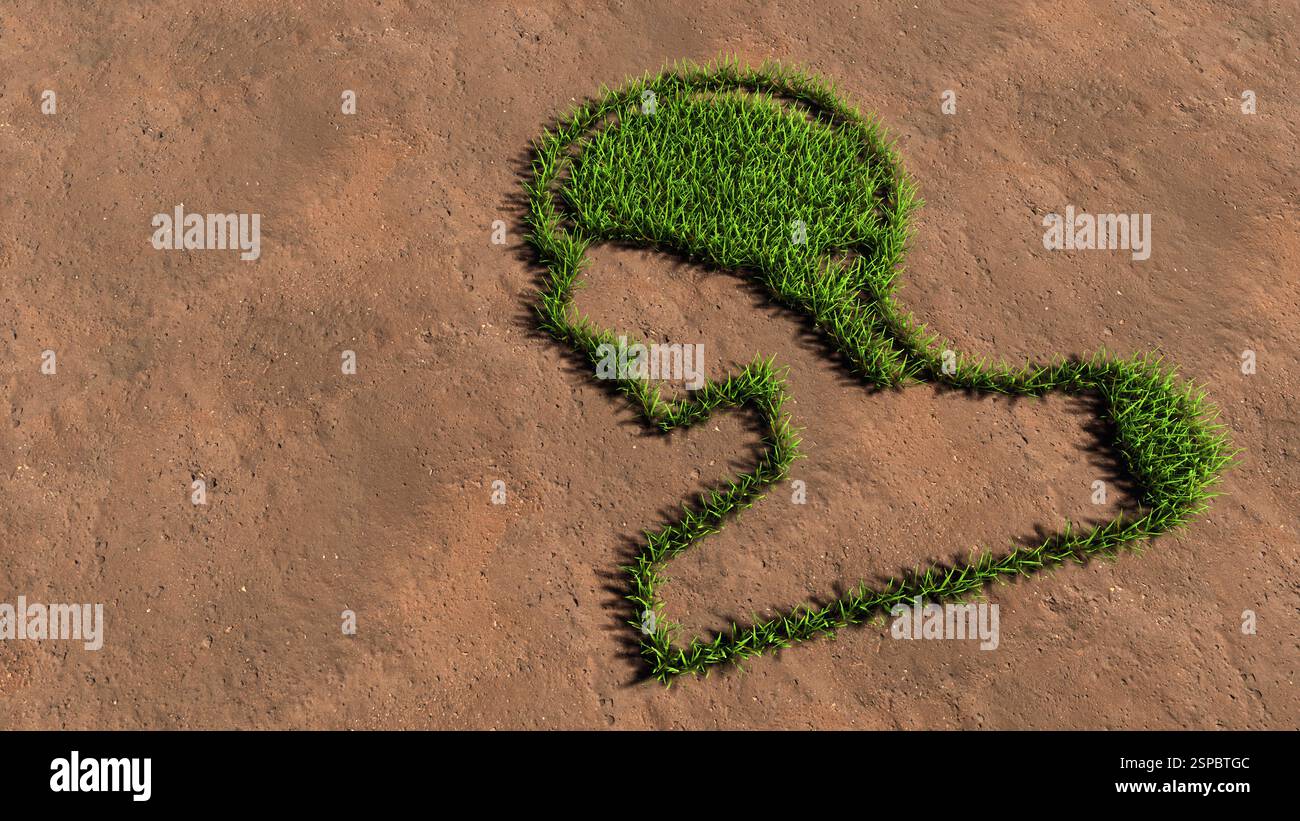 Konzept konzeptuelle grüne Sommer Rasen Gras Symbol Form auf braunem Boden oder Erde Hintergrund, menschliches Gehirn Bild. Eine illustration aus dem jahr 3D für die Wissenschaft Stockfoto