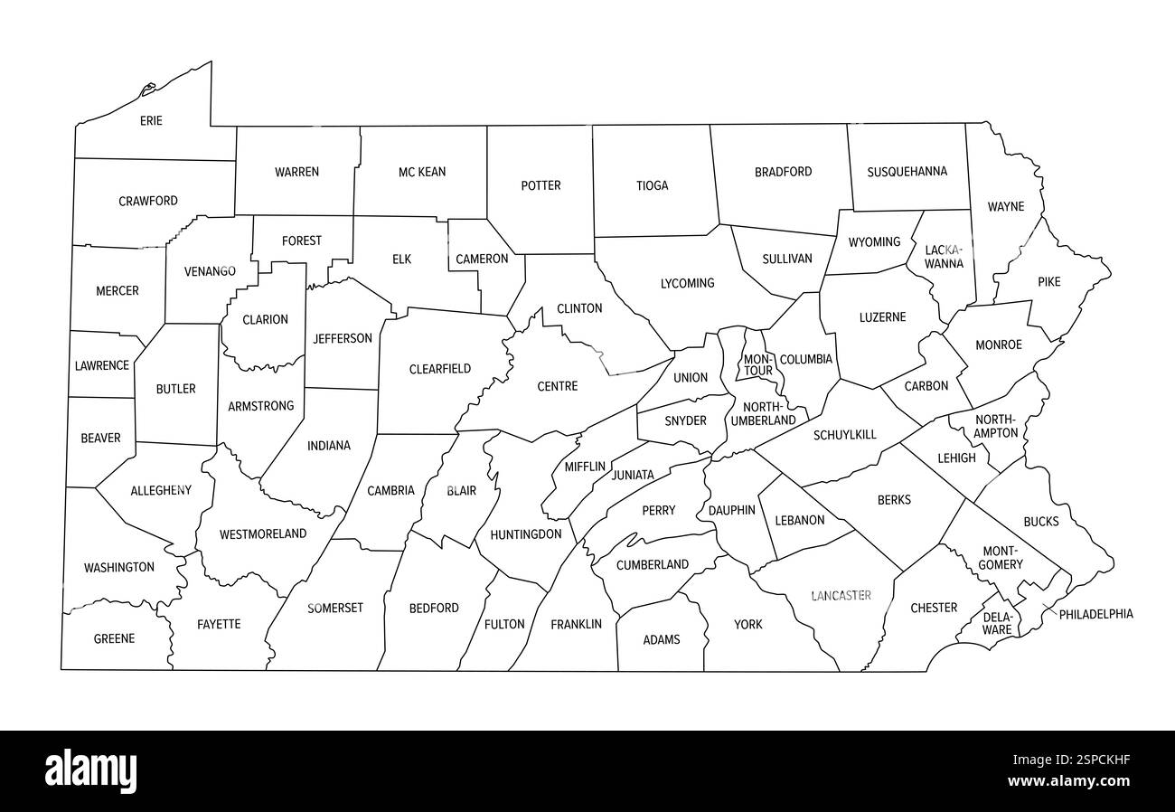 Bundesstaat Pennsylvania unterteilt in 67 Countys, Umrisskarte. Das Commonwealth of Pennsylvania, ein Bundesstaat des Mittelatlantiks und des Nordostens der USA. Stockfoto