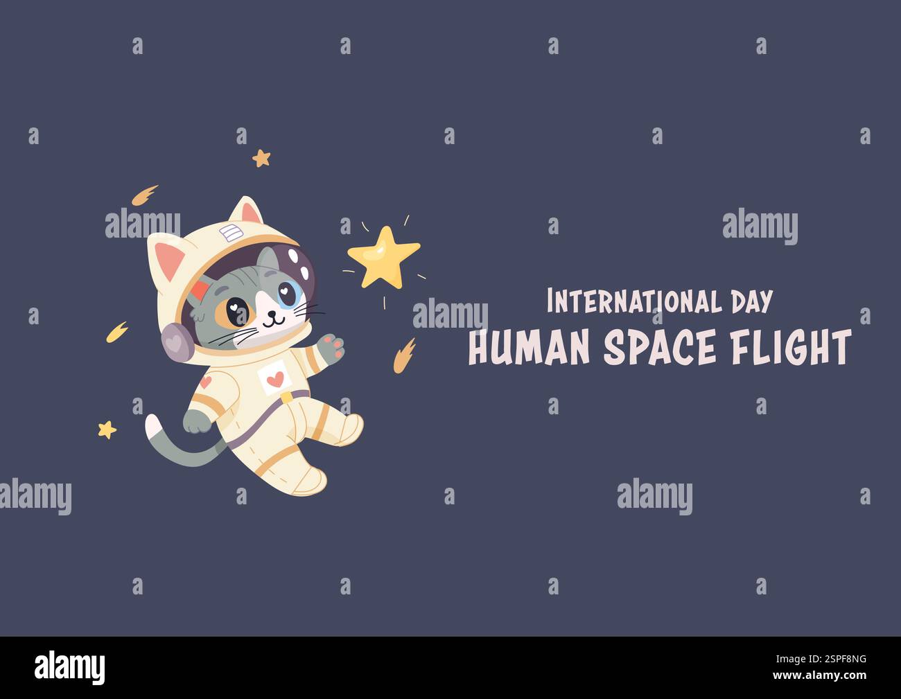 Internationaler Tag der menschlichen Flucht zum Mond. Katze, Postkartenbanner Poster. Stock Vektor