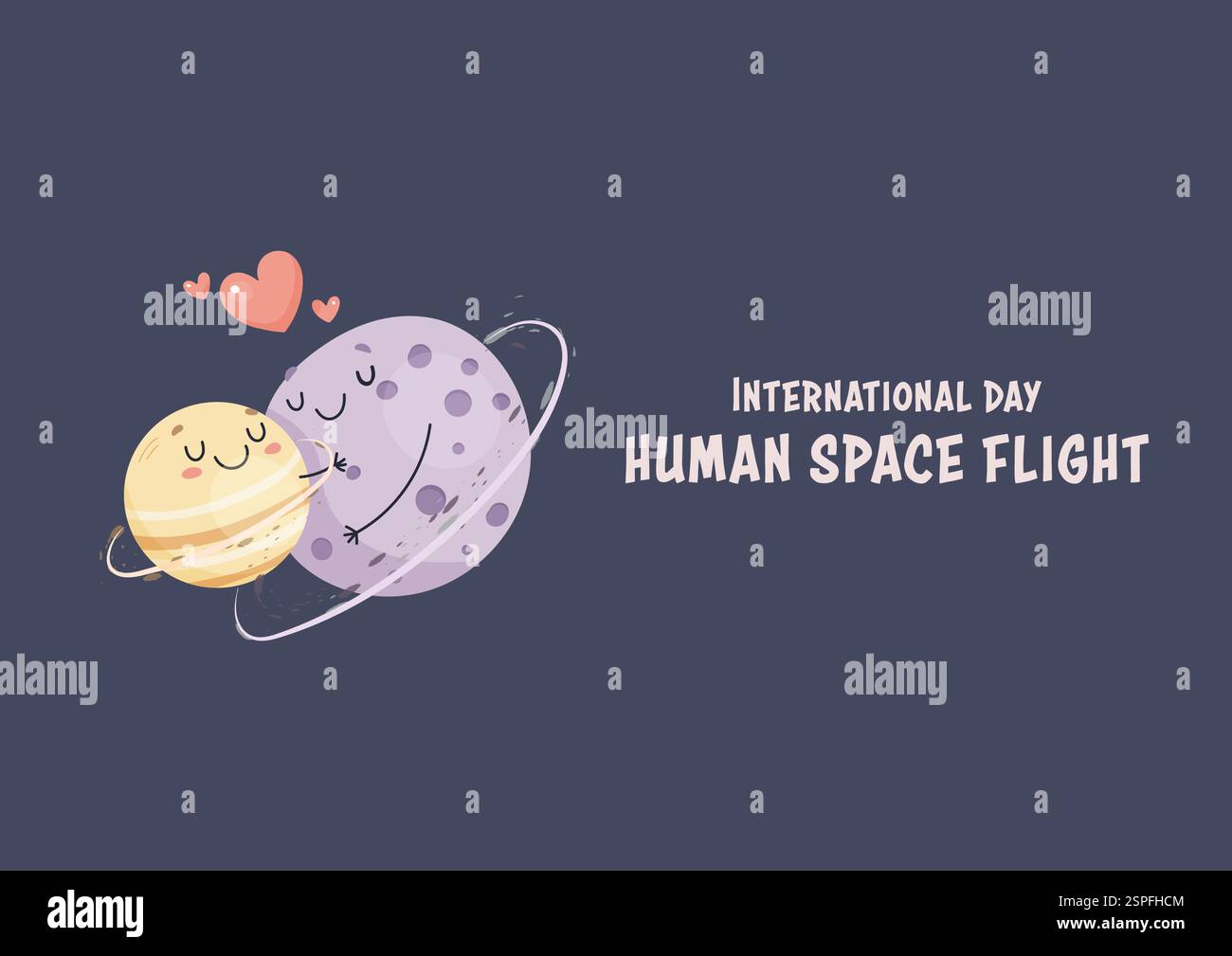 Internationaler Tag der menschlichen Flucht zum Mond. Umarmen Planeten, Postkartenbanner Poster . Stock Vektor