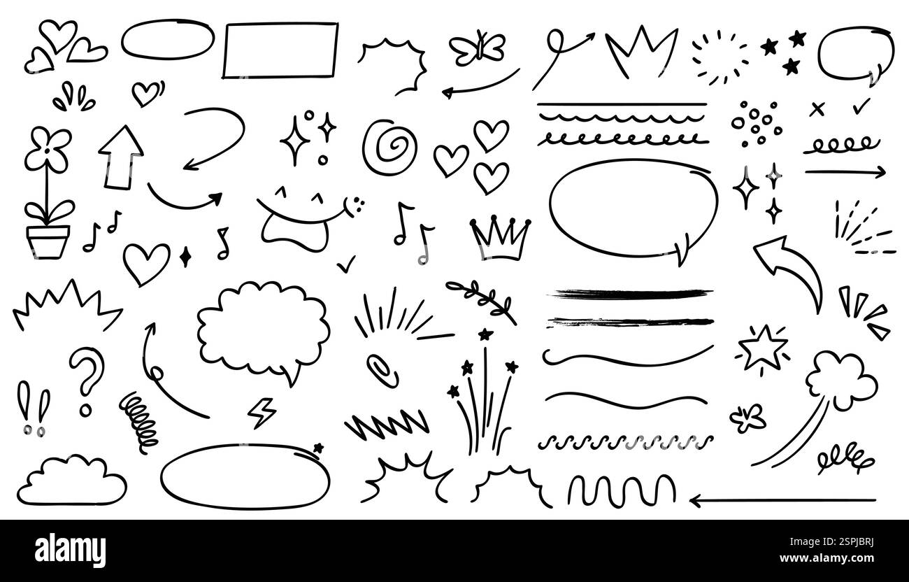 Eine Sammlung handgezeichneter Doodle-Elemente, einschließlich Sprechblasen, Pfeile, Herzen, Sterne, und dekorative Linien. Perfekt für kreative Designs und Comics Stock Vektor