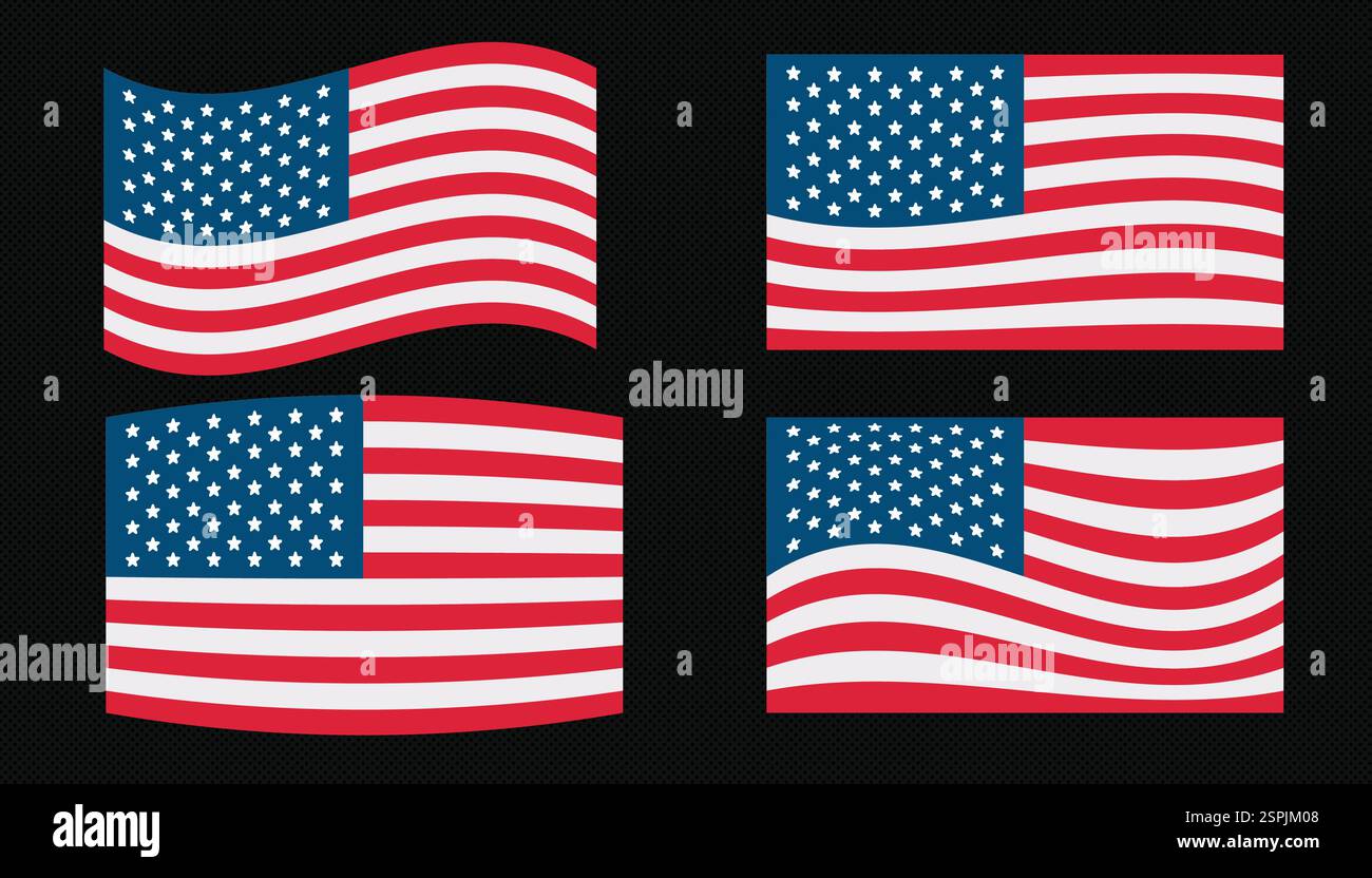 Eine Sammlung von Vektorillustrationen der USA-Flagge mit verschiedenen Stilen, einschließlich wellenförmiger und flacher Designs. Perfekt für patriotische Themen, Independenc Stock Vektor