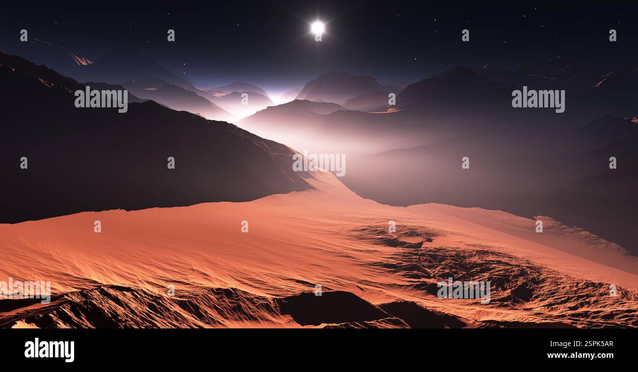 Sonnenuntergang auf dem Mars. Marsberge, Blick vom Tal. 3D-Abbildung Stockfoto