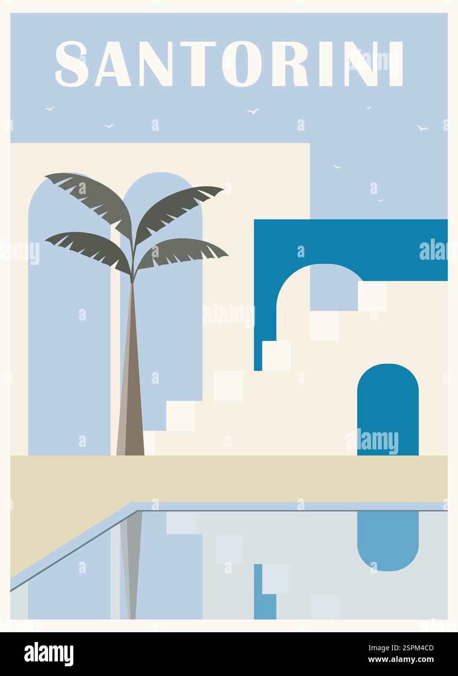 Griechische Stadtansicht flache Farbe Vektor-Illustration. Sommerurlaub in Griechenland. Mediterrane europäische Kultur und Architektur. Einfacher Vektor im Vintage-Stil Stock Vektor