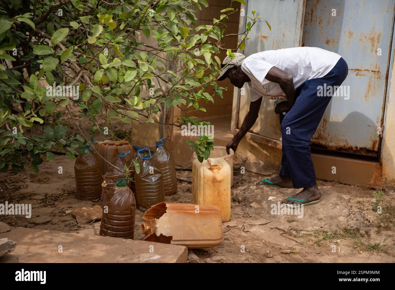 Foth, Senegal. Dezember 2024. Abou Ka, der 14 Jahre als Sicherheitsagent bei ERAMET GCO gearbeitet hat, zeigt am 22. Dezember 2024 in seiner Konzession im Umsiedlungsdorf Foth die Dosen, die er mit Bohrwasser gefüllt hat. Heute erledigt Abou Ka kleine tägliche Aufgaben wie das Verbrennen von Müll im Dorf für 1000 CFA Francs/Tag. (1,5 Euro) - 22/12/2024 - Senegal/Thies/Foth - Nicolas Remene/Le Pictorium Guthaben: LE PICTORIUM/Alamy Live News Stockfoto