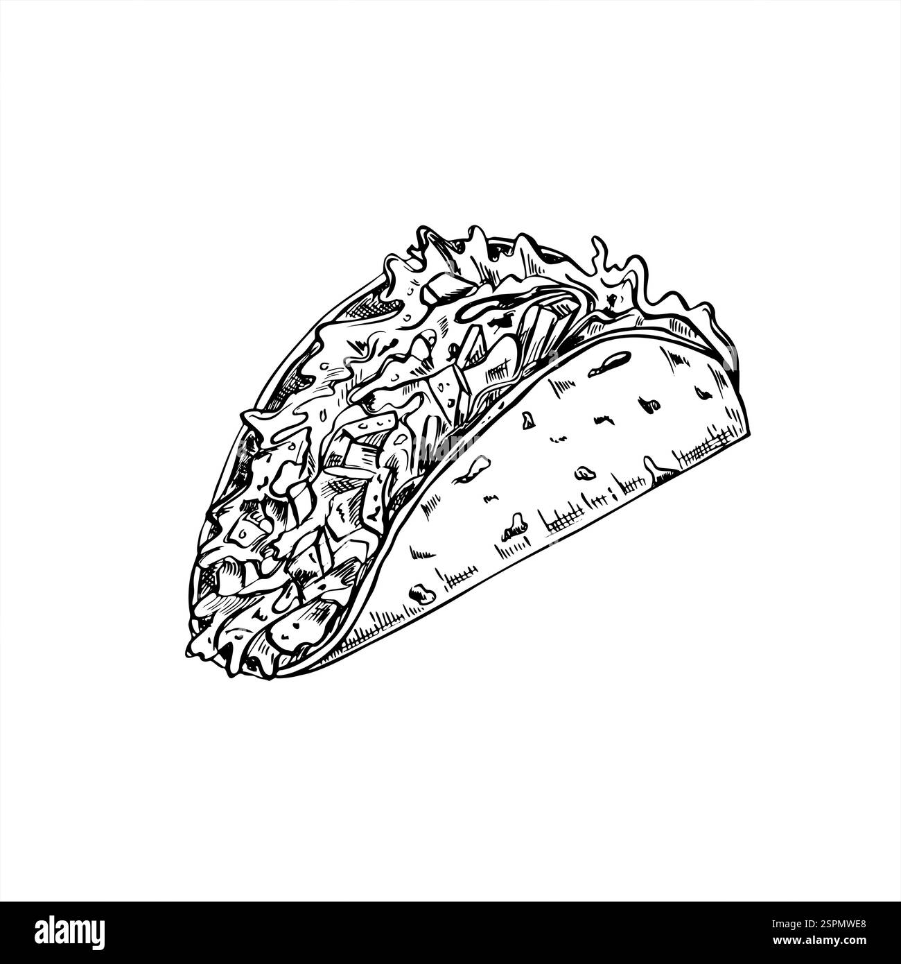 Tacos Füllung mit Gemüse, gegrilltem Rindfleisch, Salatblätter Vektor Illustration gemalt von schwarzen Tinten. Street Fast Tortilla Wrap Food. Zeichnung wird geätzt. Stock Vektor