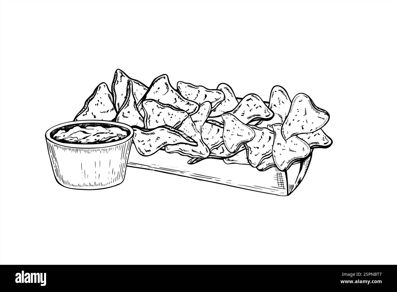 Nachos Haufen in Take-away-Pappschale und Schüssel mit Guacamole Vektor Hand gezeichnete Illustration. Mexikanische traditionelle Triangle-Maischips mit Sauce Stock Vektor