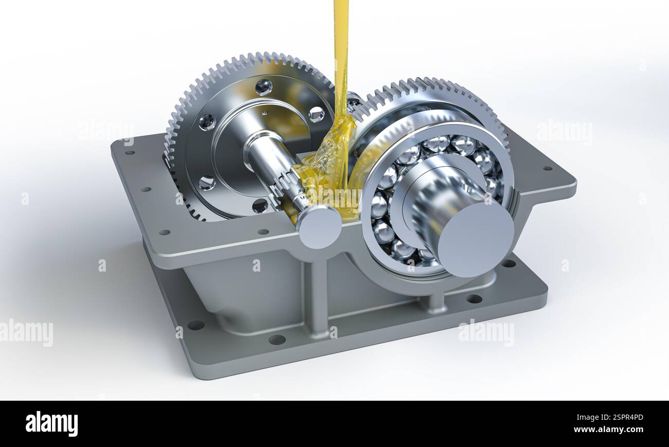 Nahaufnahme der zu schmierenden Zahnräder für reibungslosen Betrieb 3D-Hintergrund Stockfoto