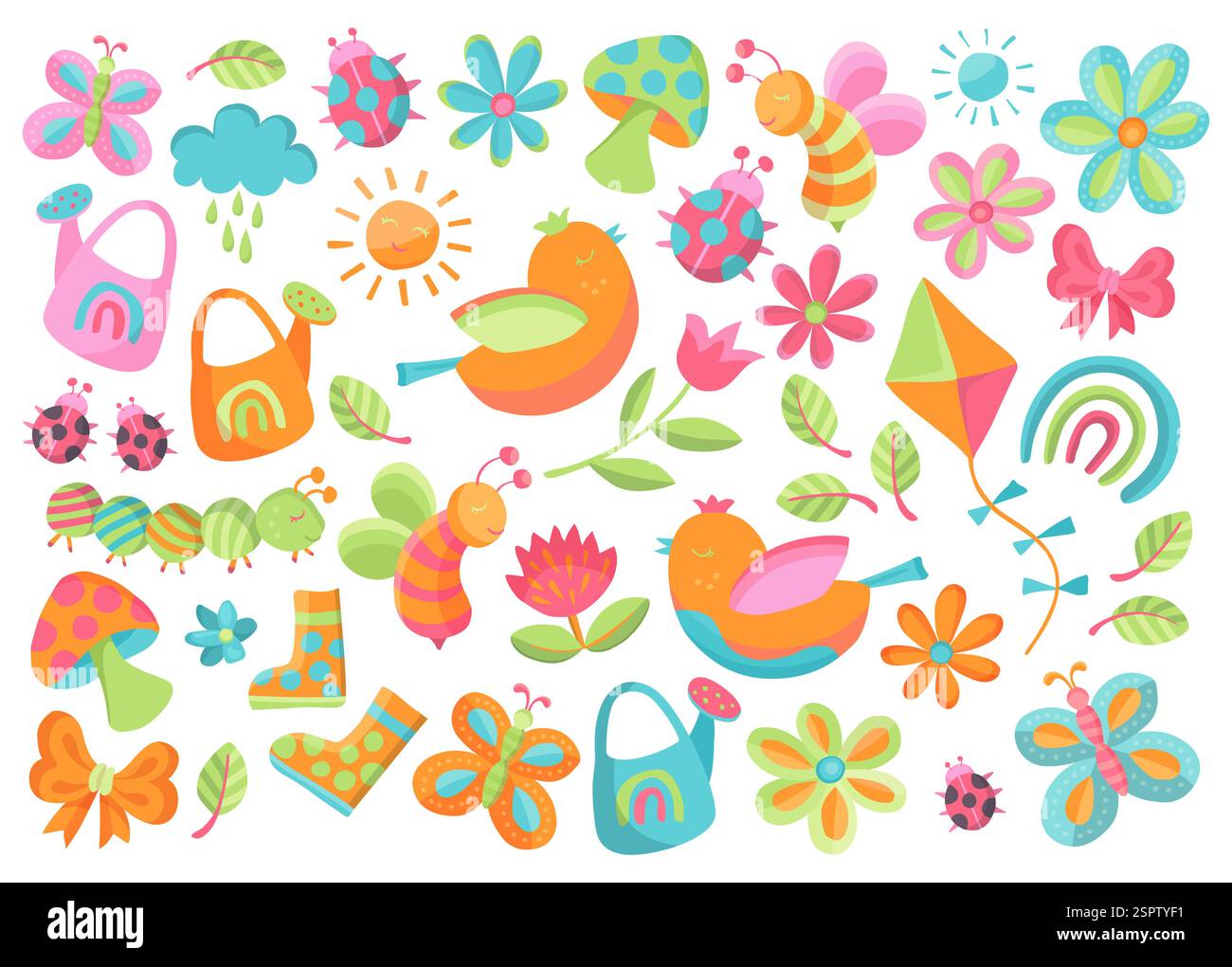 Frühlingsgarten Cute Vector Clipart Kollektion Bunte Vögel, Regenstiefel, Blumen, gestreifte Raupe, Kite und Gießkanne mit Regenbogen. Design Stock Vektor