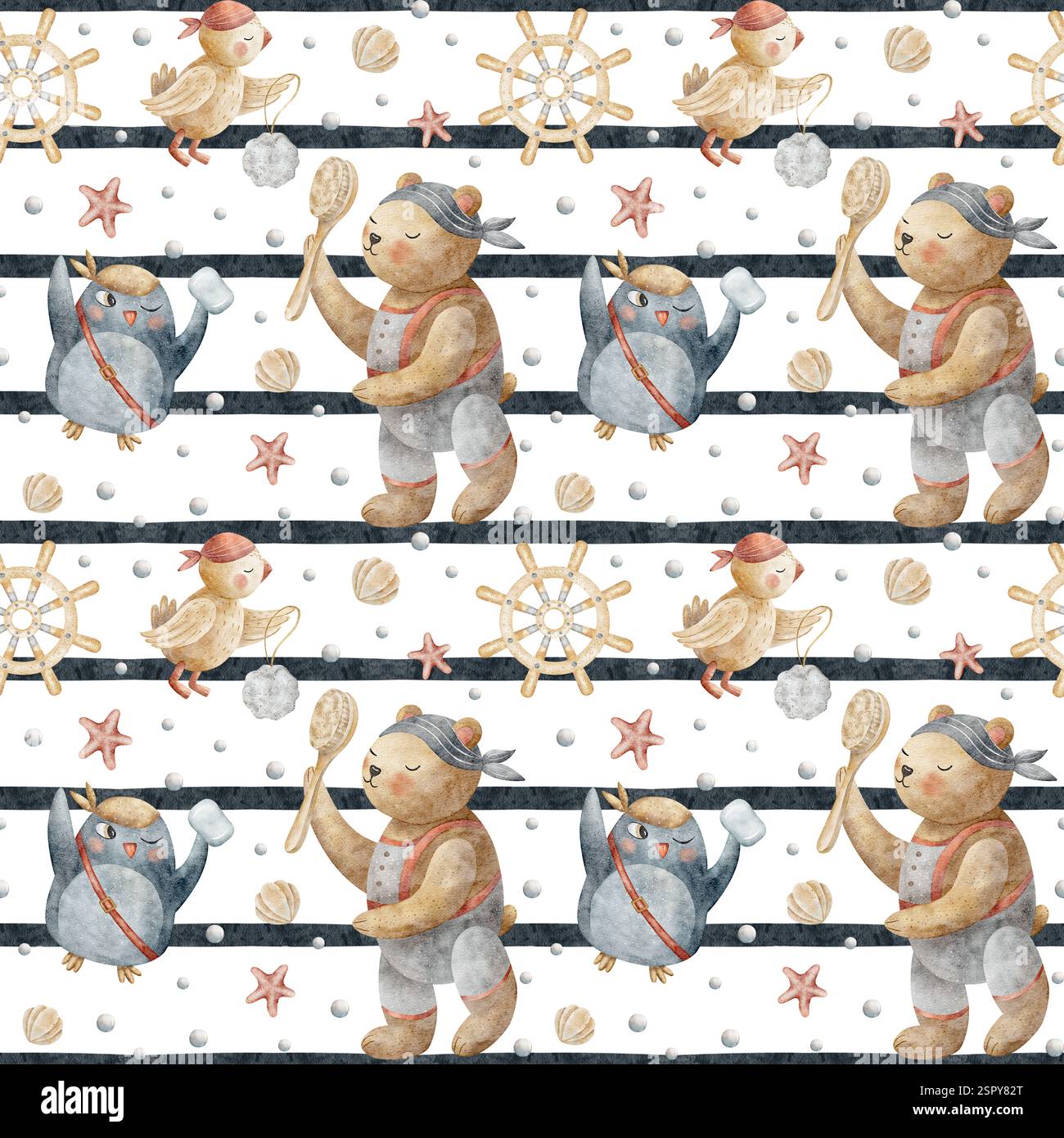 Seifenpiraten mit Aquarellmuster, Bär, Pinguin, Papagei, Welpe, Blasen. Kinderillustration handgezeichnet im Zeichentrickstil. Isoliert auf weiß Stockfoto