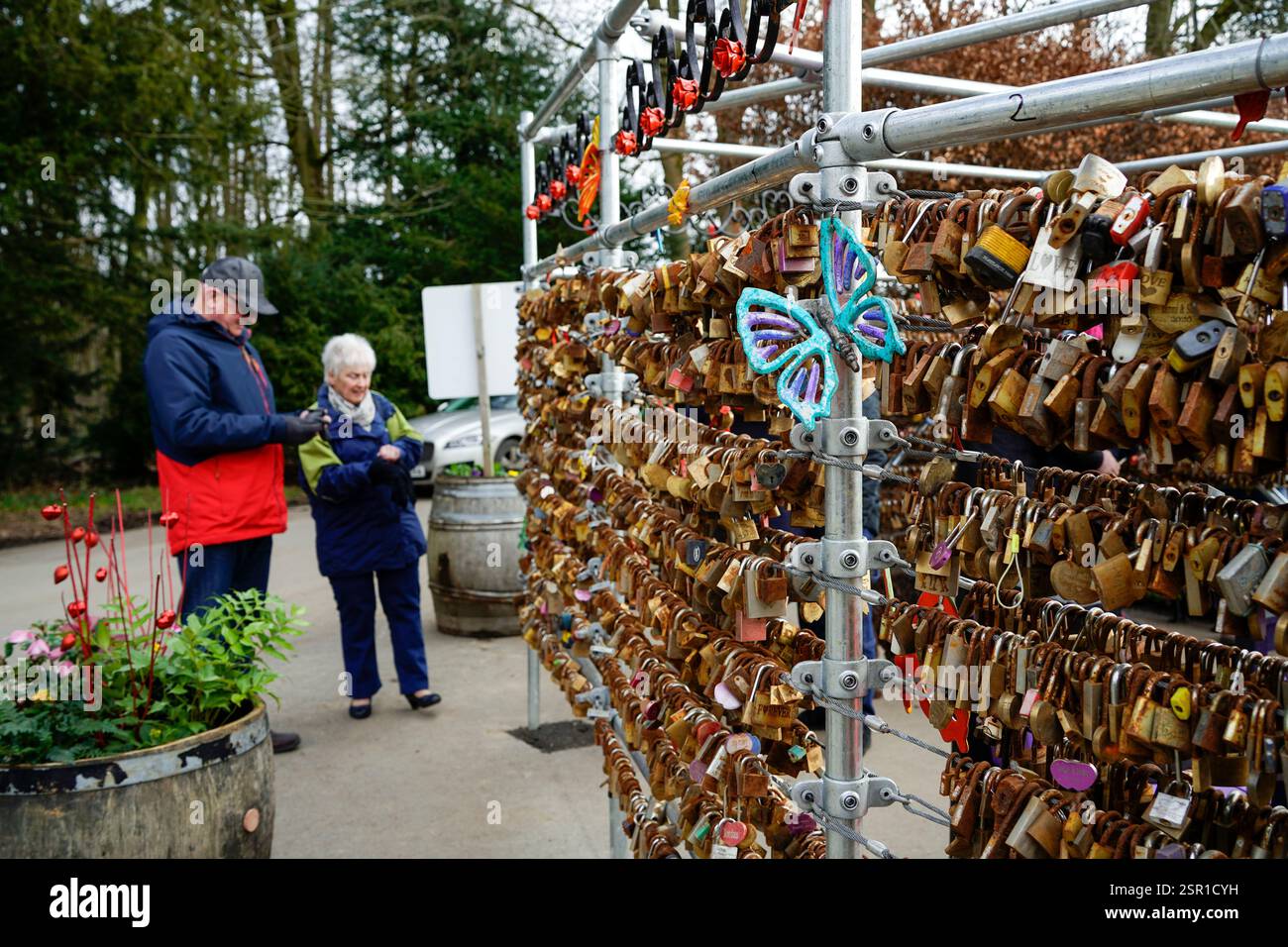 Gerettete Liebesschlösser in Thornbridge Hall Derbyshire, 14. Februar 2025 Stockfoto