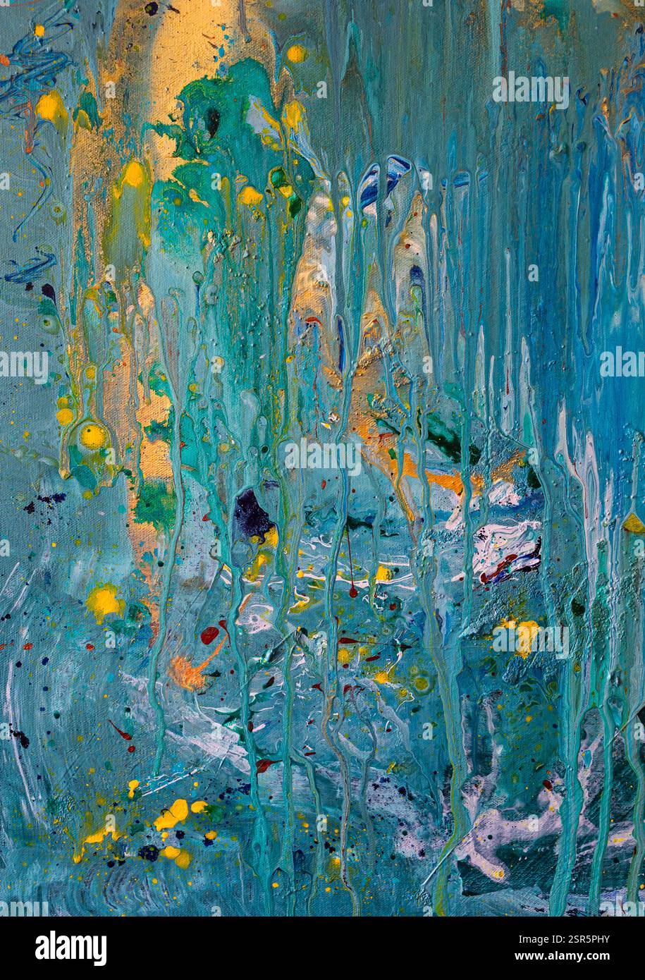Ein abstraktes Acrylgemälde mit brillantem Gold, Marineblau, Türkis und Petrol, das die aufregende Unterwasserwelt und die abstürzenden Wellen zeigt! Stockfoto