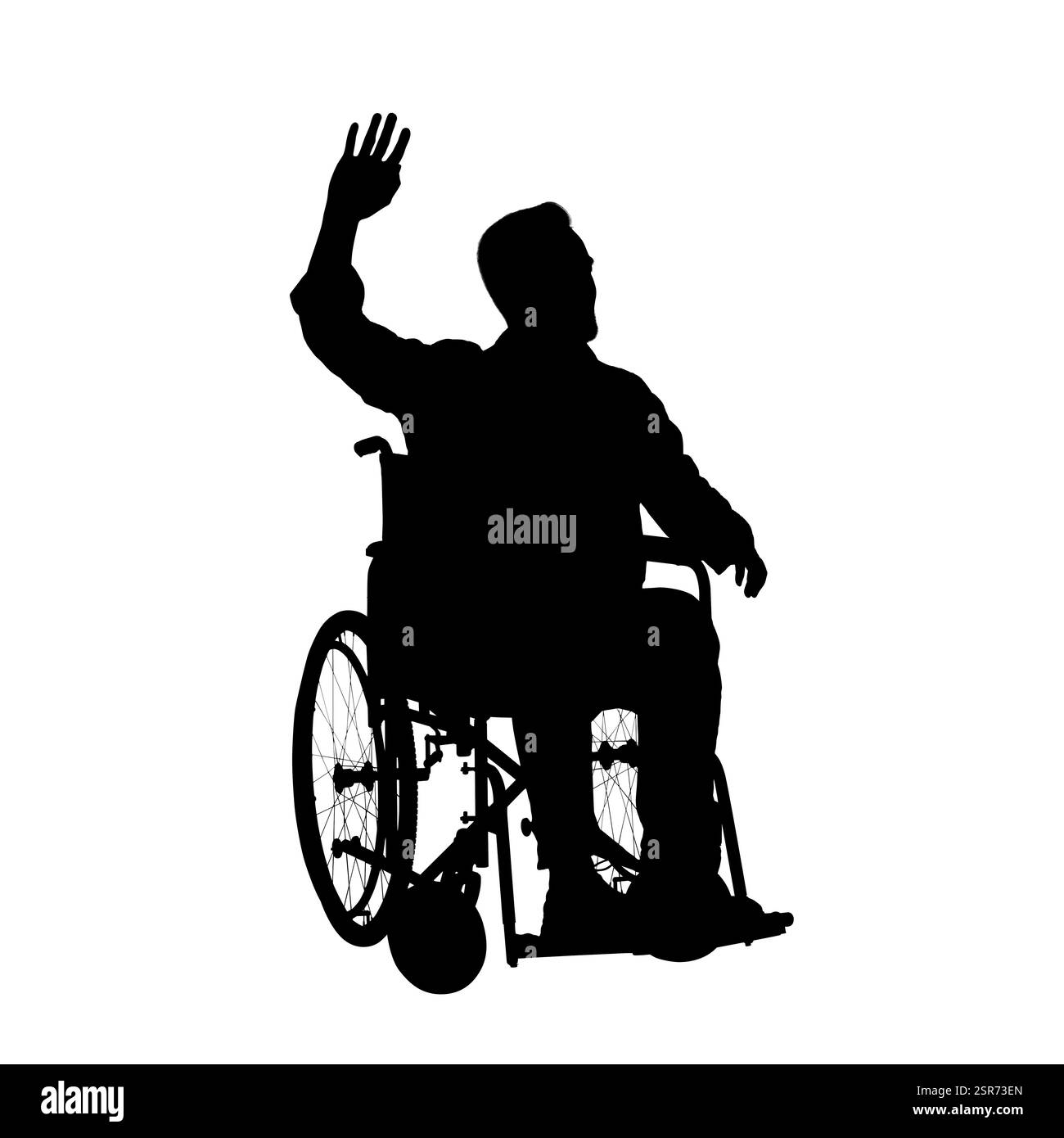 Silhouette eines Mannes im Rollstuhl auf weißem Hintergrund Stockfoto