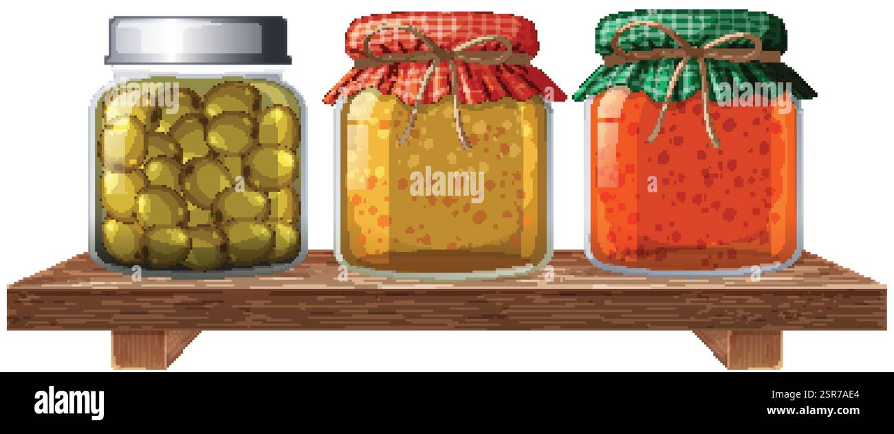 Drei Gläser Konserven auf einem Holzregal Stock Vektor