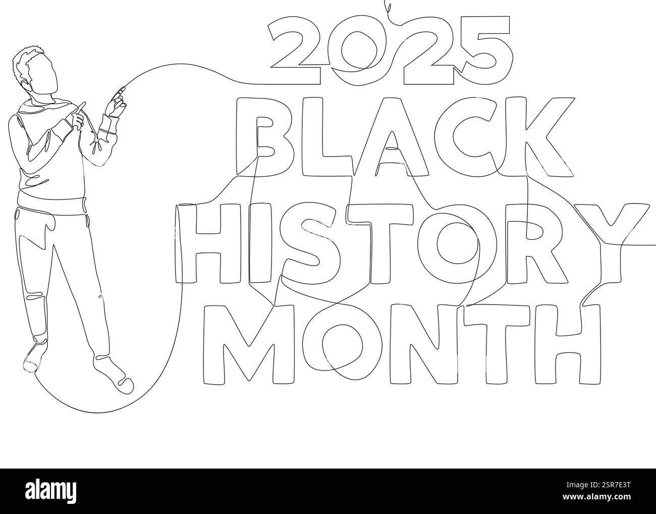 Eine fortlaufende Linie von Männern, die mit dem Finger auf Black History Month 2025 zeigen. Vektorkonzept für die Darstellung dünner Linien. Konturzeichnung kreative Ideen. Stock Vektor