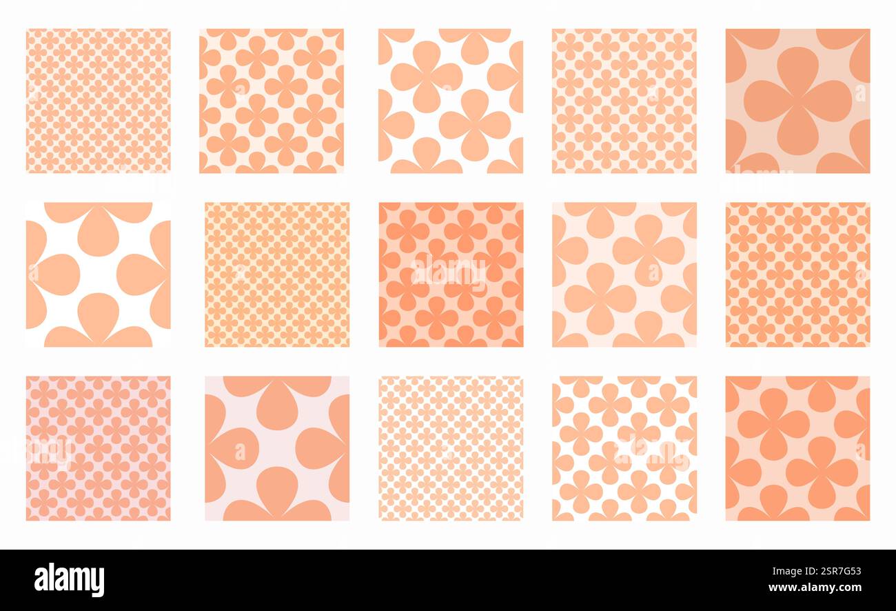 Nahtloses Vektormuster Set in Peach Fuzz mit kleeähnlichen Blumenformen mit einem karierten Design. Minimalistische geometrische Ästhetik, ideal für moderne Stock Vektor