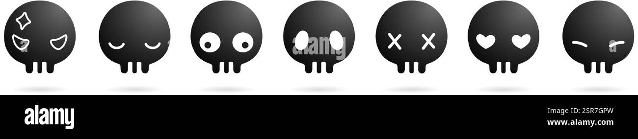 Vektor-Illustration Set aus schwarzen Schädeln mit verschiedenen Emotionen isoliert auf weißem Hintergrund für Präsentationen und Decks Informationsgrafiken Stock Vektor