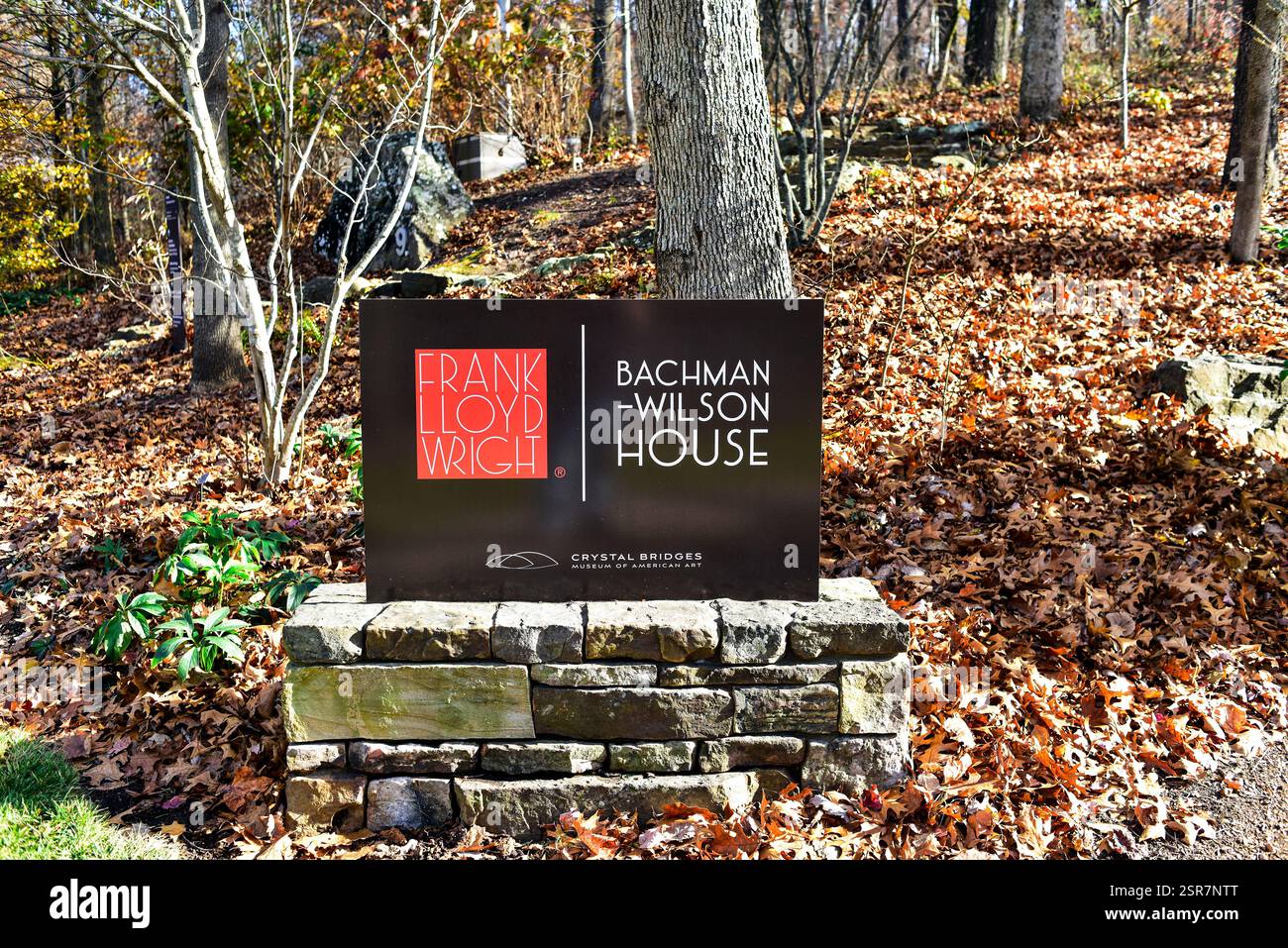 Schild für Frank Lloyd Wight Bachman House im Crystal Bridges Museum of American Art in Bentonville, Arkansas. Stockfoto