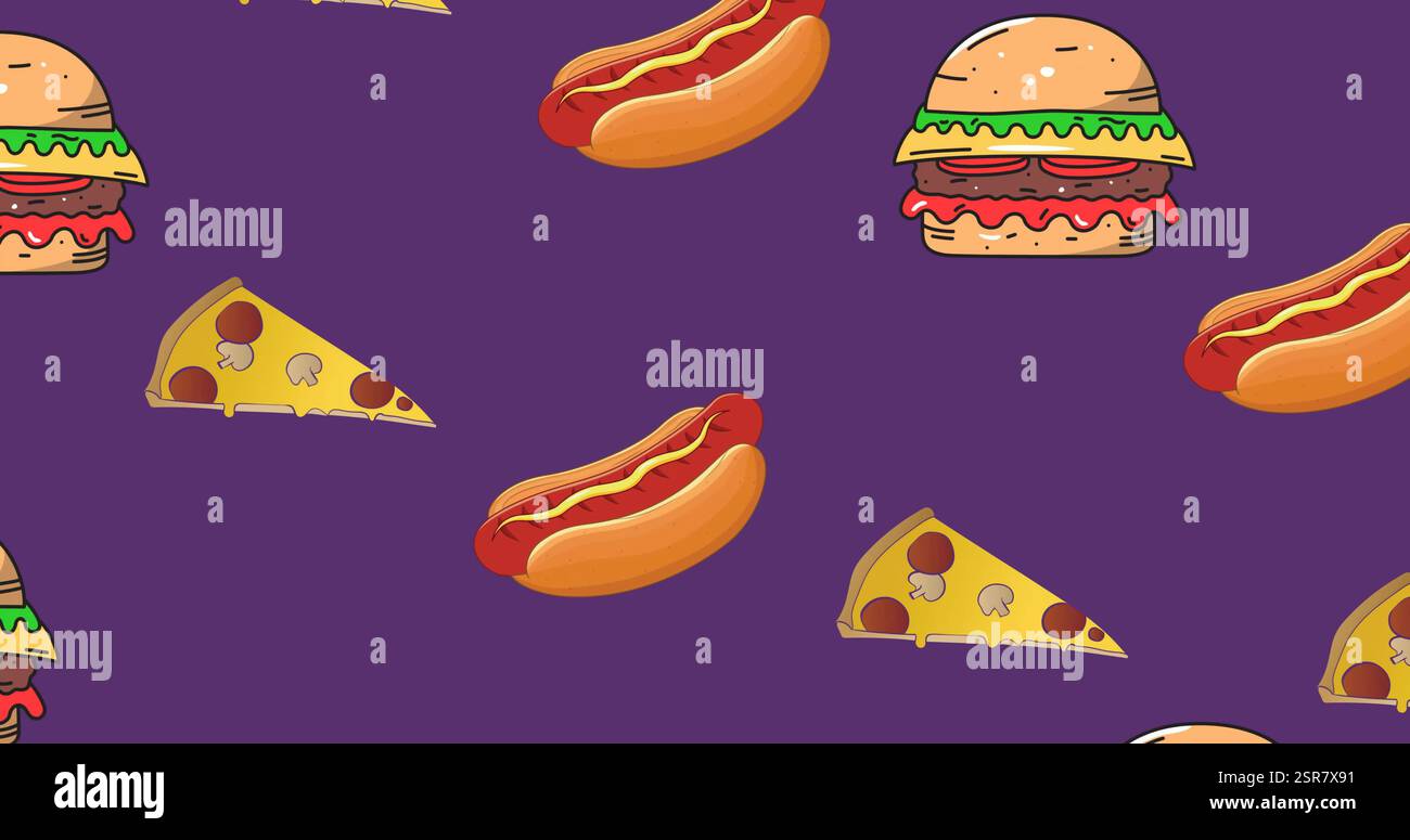 Abbildung: Bewegliche Symbole für Junk Food auf violettem Hintergrund Stockfoto