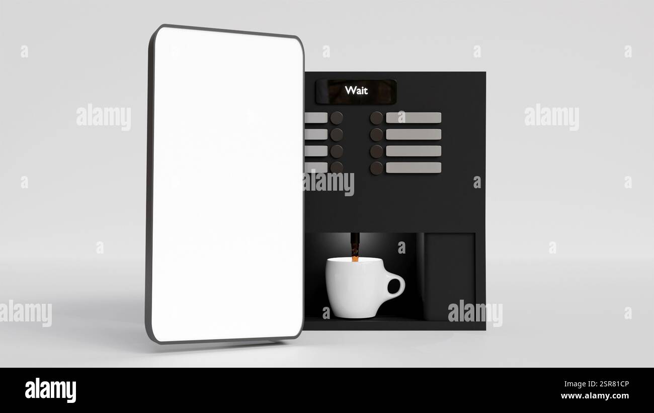 3D-Modell einer schwarzen Kaffeemaschine, die Kaffee zubereitet, und eines Telefons mit einem weißen Bildschirm daneben auf weißem Hintergrund, moderne Kaffeemaschine Stockfoto