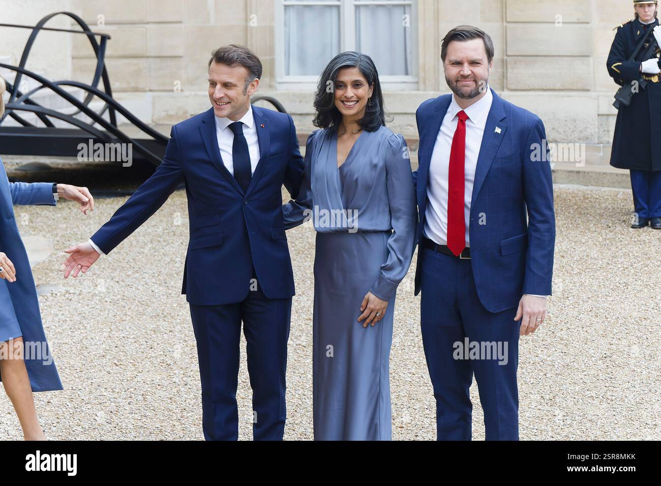 Paris, Frankreich. Februar 2025. Präsident Macron empfängt James David Vance, den Vizepräsidenten der USA, im Elysée-Palast zum Gipfel für KI. Stockfoto