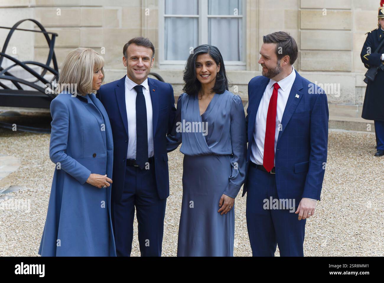 Paris, Frankreich. Februar 2025. Präsident Macron empfängt James David Vance, den Vizepräsidenten der USA, im Elysée-Palast zum Gipfel für KI. Stockfoto