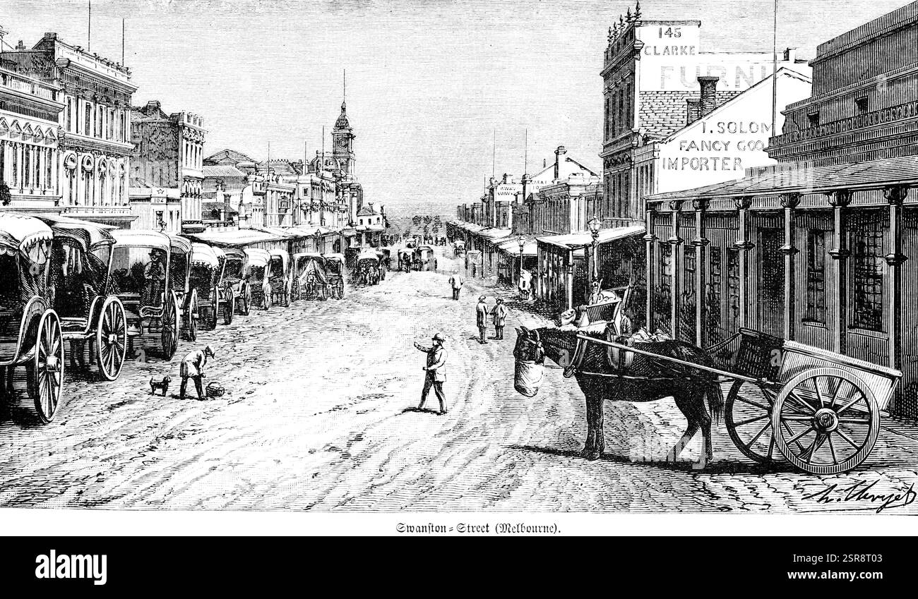 Geschäftiges Treiben in der Swanston Street im Stadtzentrum von Melbourne, 19. Jahrhundert, Schotterstraße, hackney-Kutschen, Kirche, reisen, Australien, historische illus Stockfoto