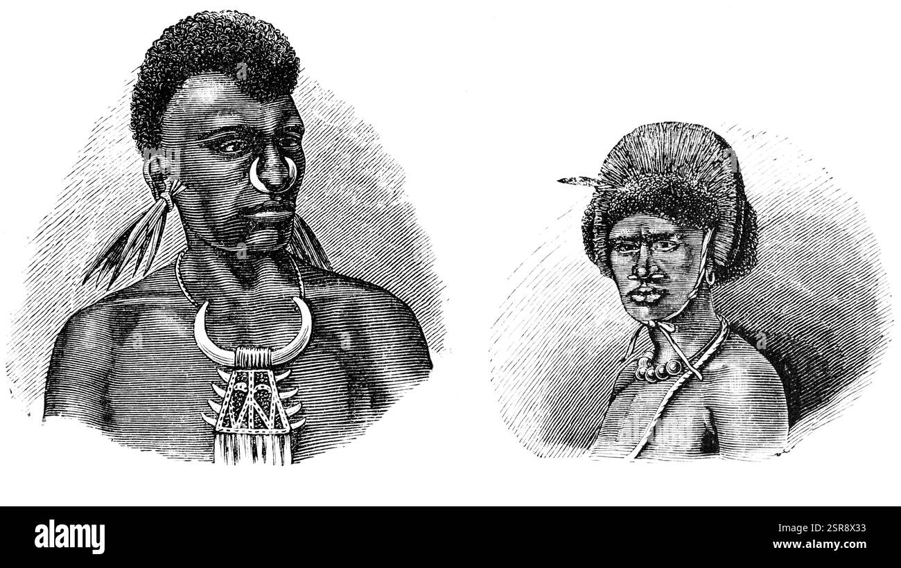 Porträt eines einheimischen Papua-Mannes und einer Frau, Stamm, Gesicht, Oberkörper, Schmuck, Halskette, Haarschnitt, Reise, Indonesien, historische Illustration 1888 Stockfoto