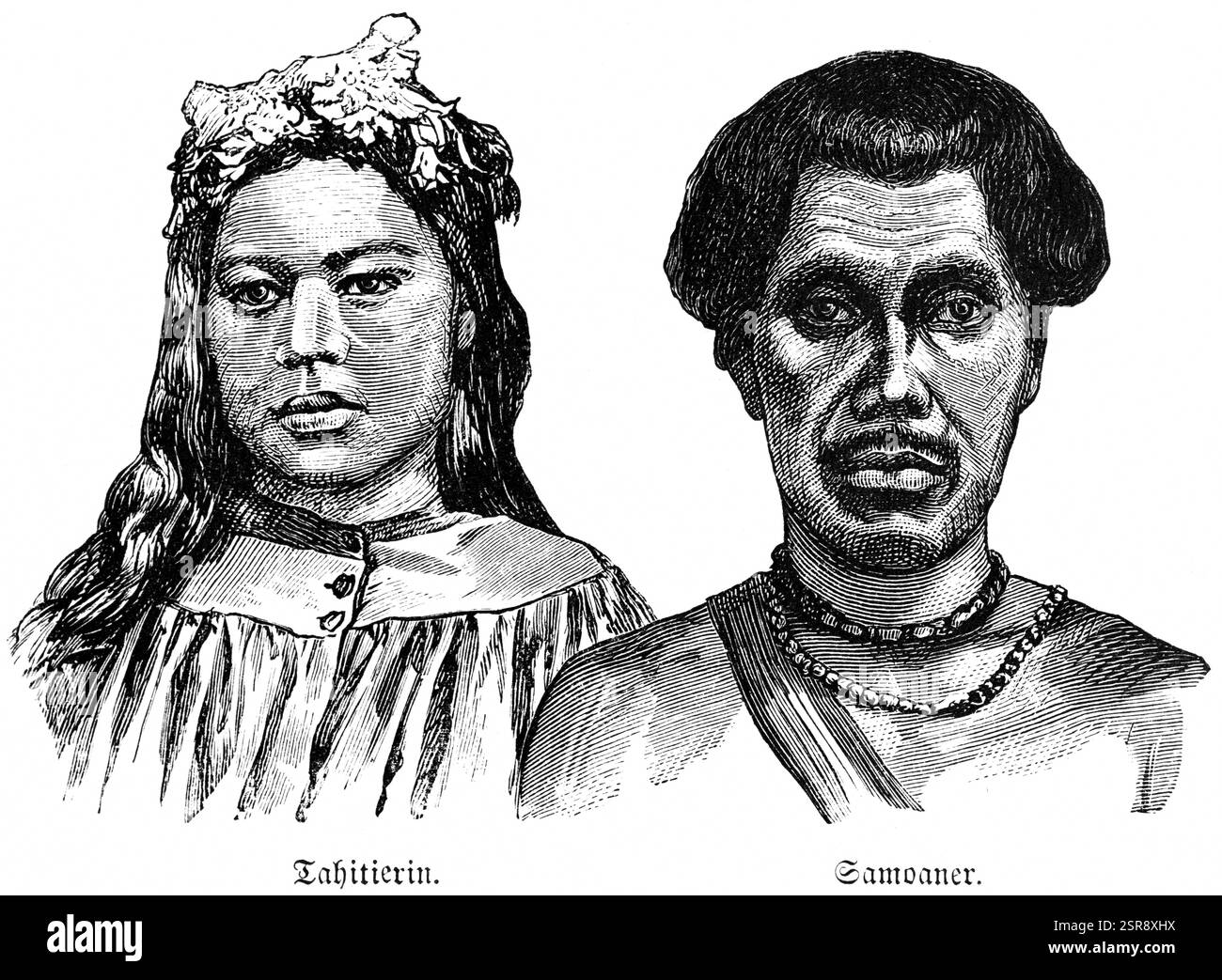 Porträt einer tahitianischen Frau mit Blumenschmuck und eines samoanischen Mannes mit Halskette, Polynesien, Reisen, Tahiti, Gesellschaftsinseln, Französisch Übersee Te Stockfoto