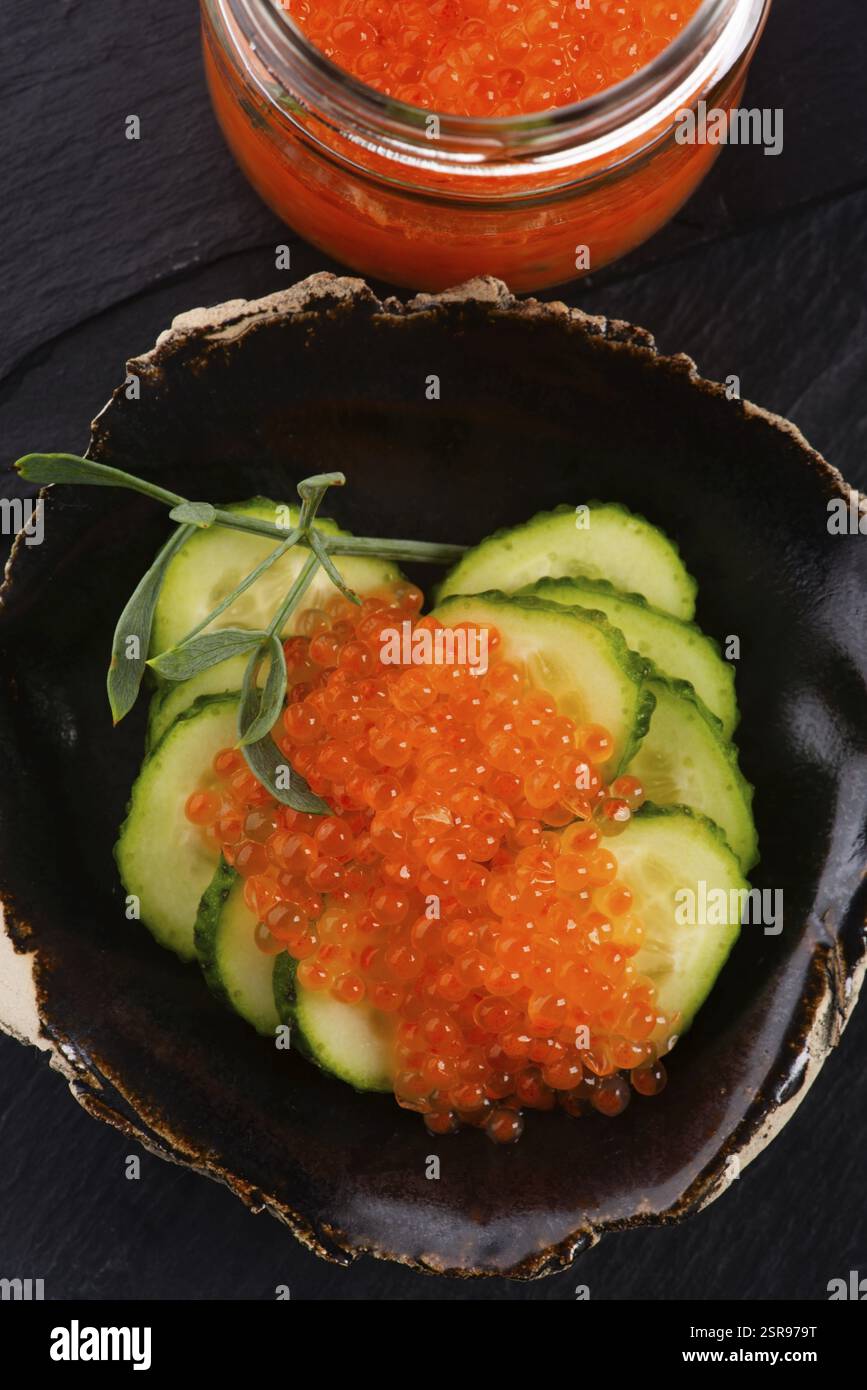 Vorspeise. Gurke mit Lachsforelle Kaviar Stockfoto